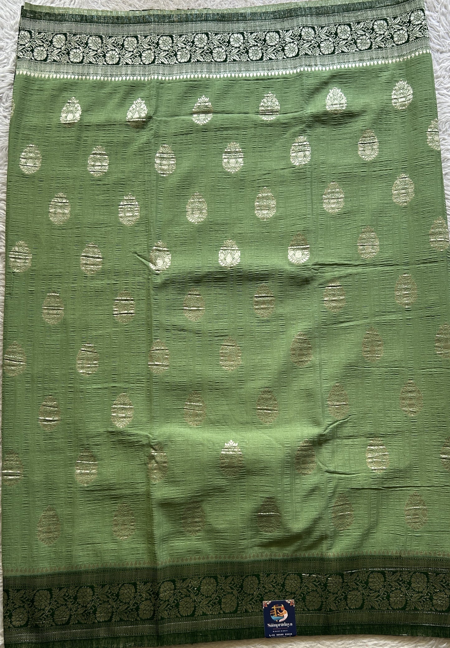 Semi Georgette Saree Pastel Green Colored Complemented with a Zari Border. - Sampradaya Designer Studio