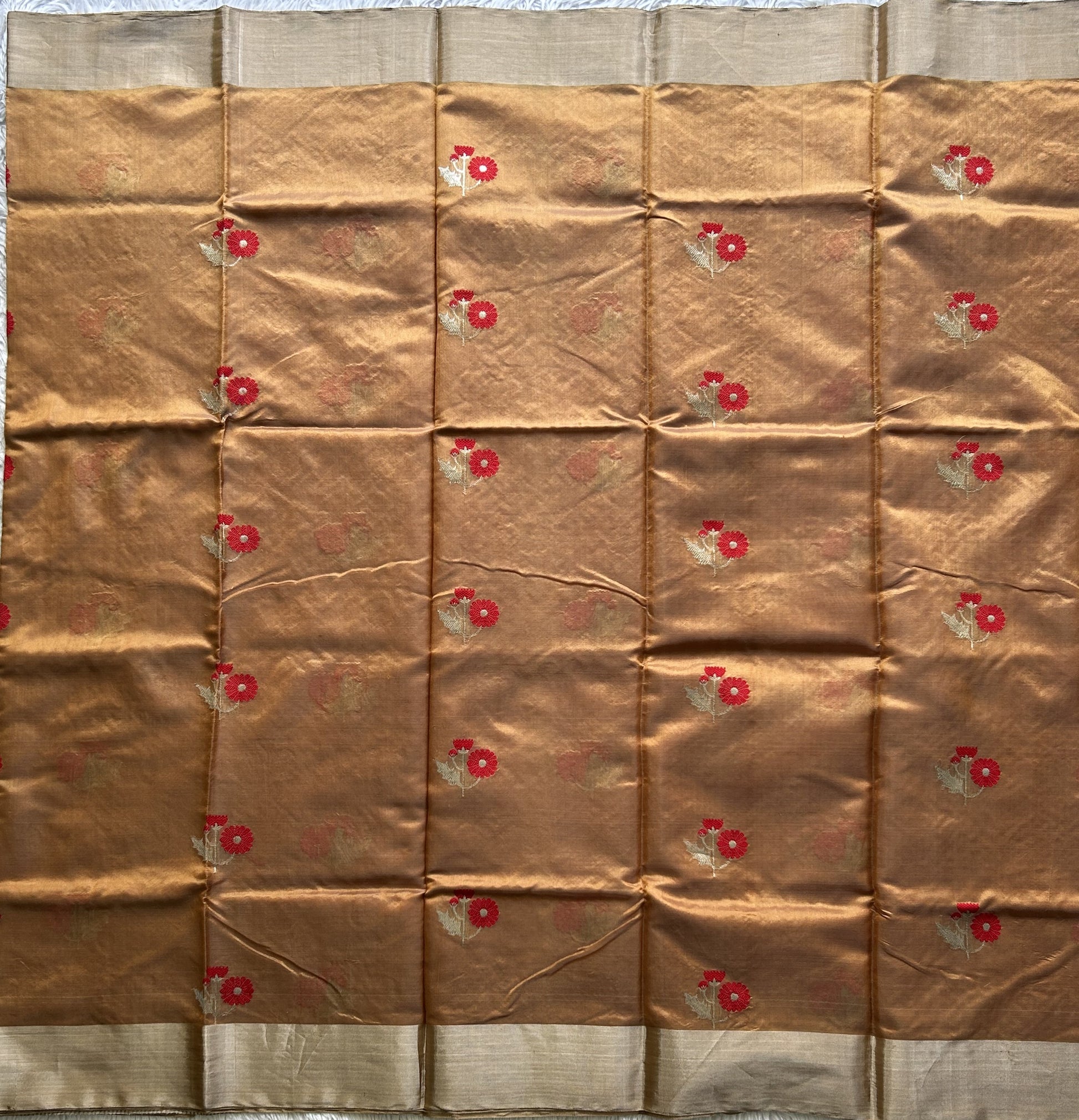 Chanderi Silk Saree Amber Gold color Elegantly Paired with a Silver Zari Border - Sampradaya Designer Studio