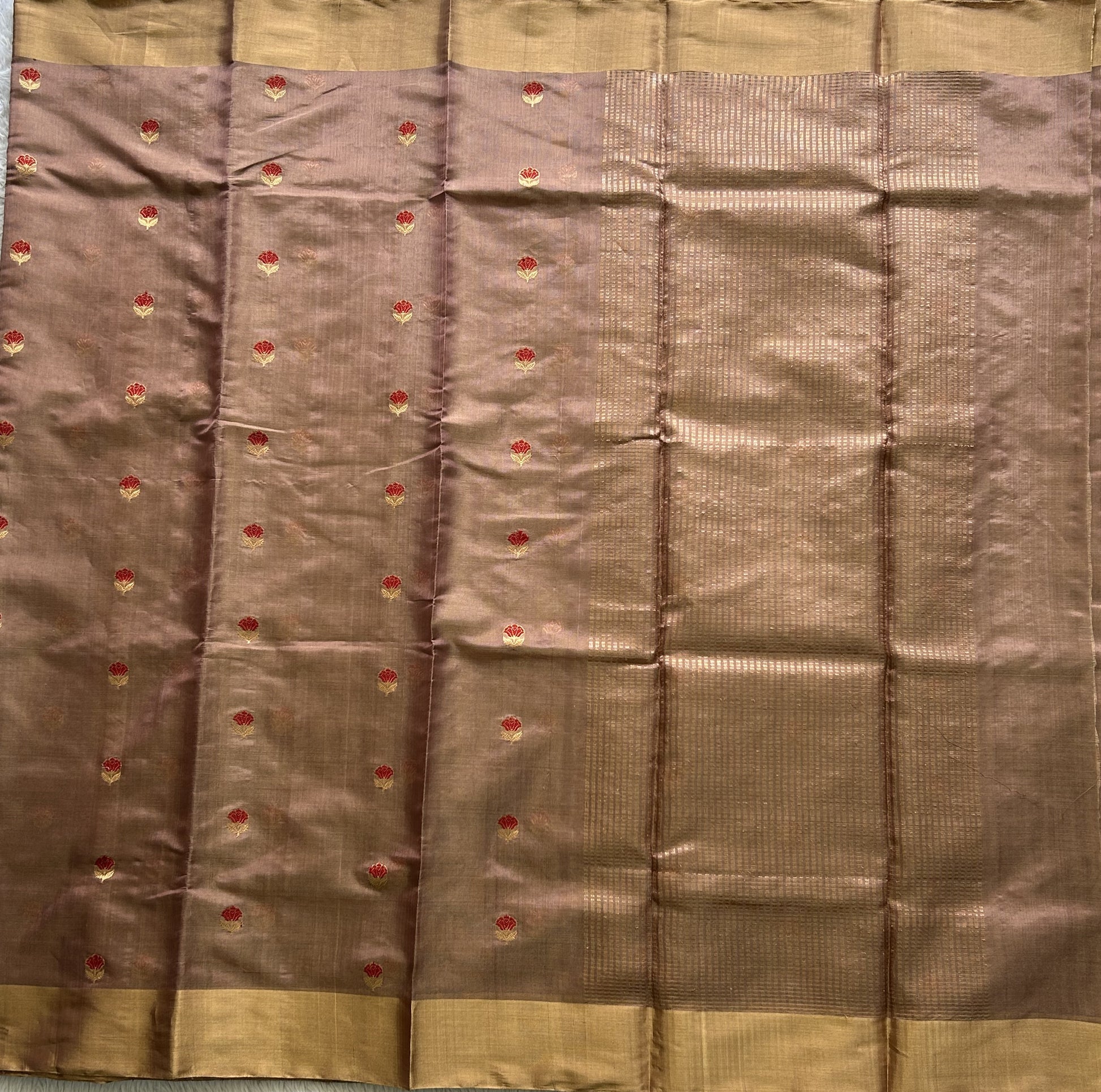 Chanderi Tissue Saree Tawny color Elegantly Paired with a Gold Zari Border - Sampradaya Designer Studio