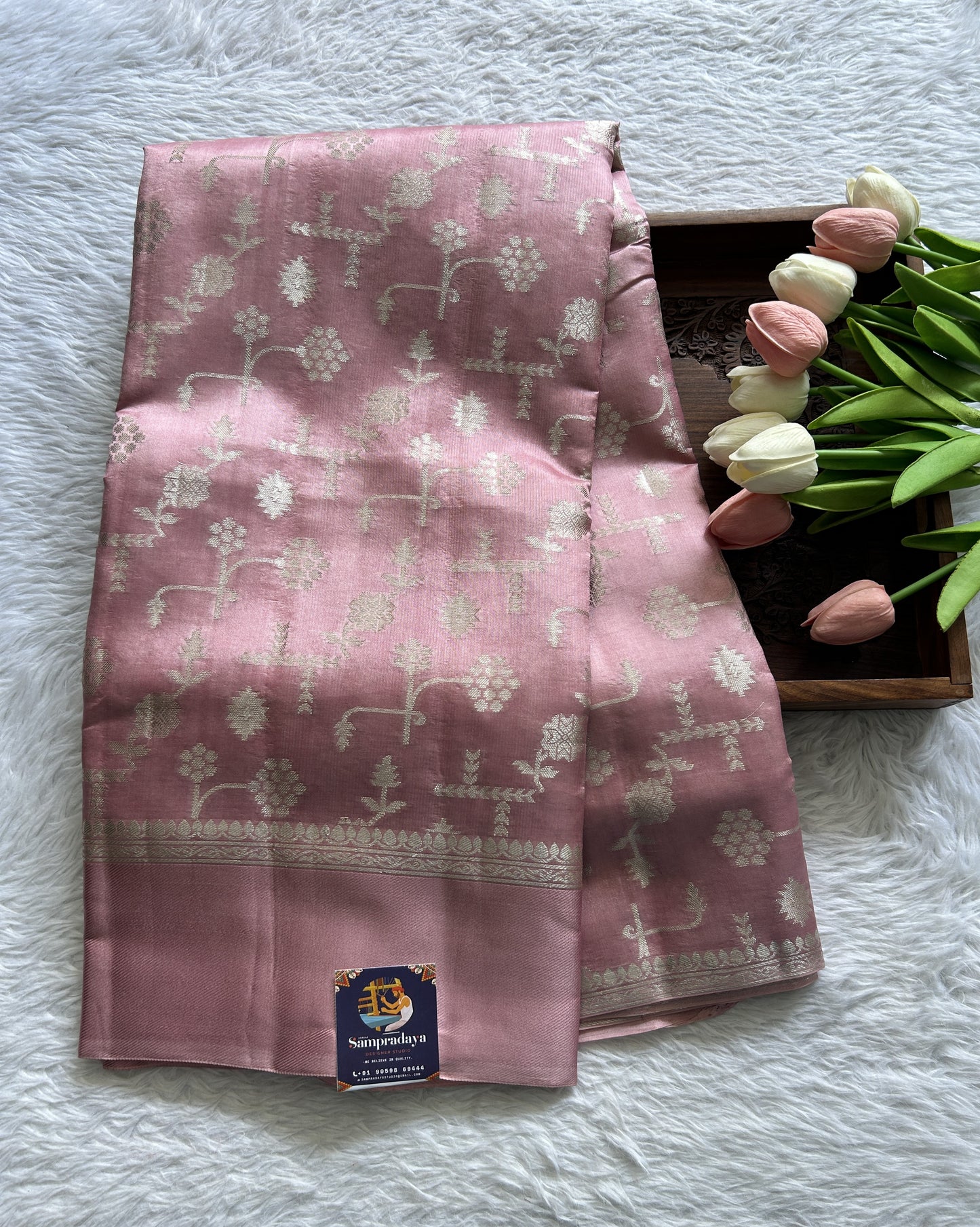 Dupion Silk Saree Pink Colored Complemented with a Mushrur Border. - Sampradaya Designer Studio