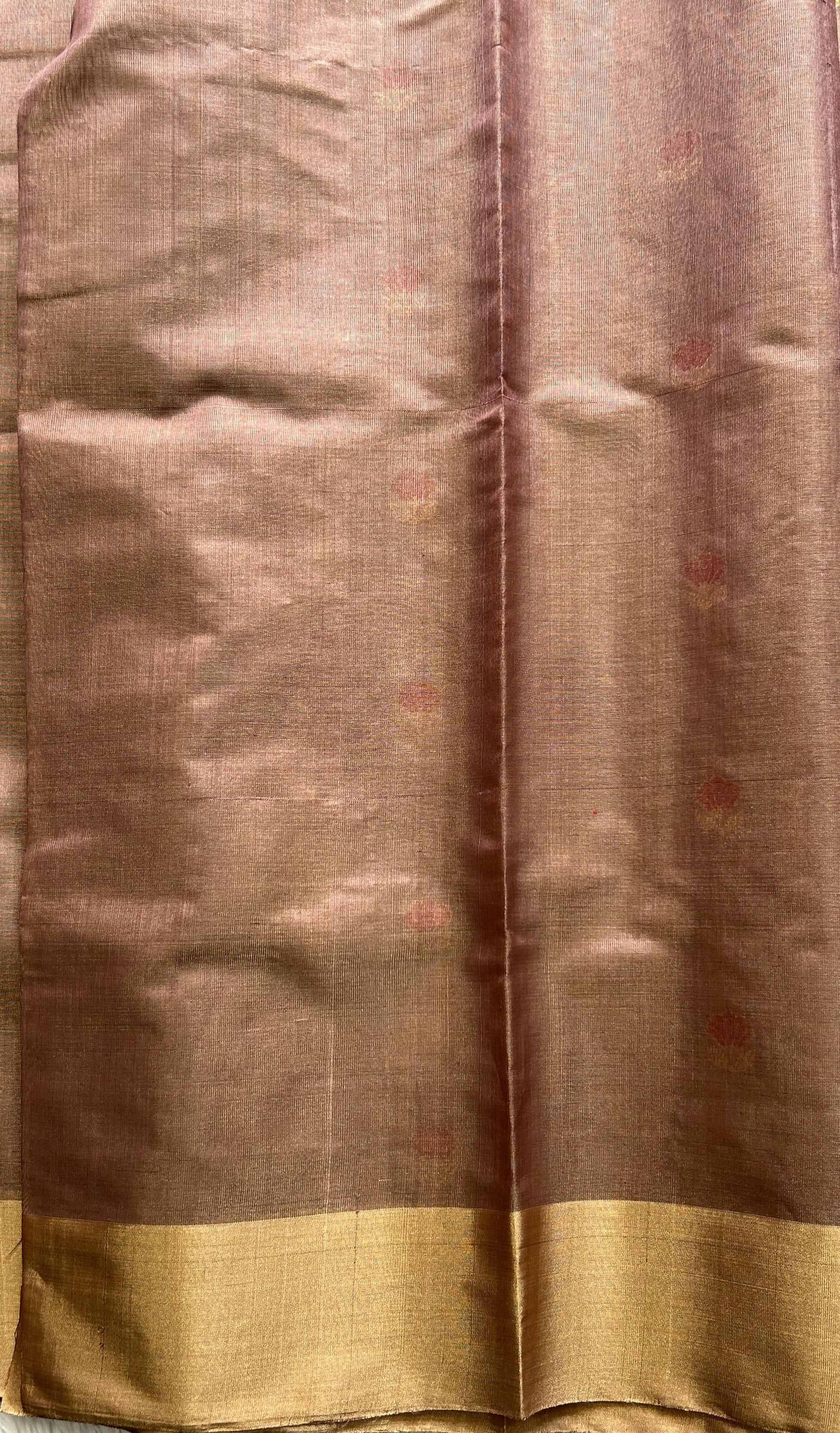 Chanderi Tissue Saree Tawny color Elegantly Paired with a Gold Zari Border - Sampradaya Designer Studio