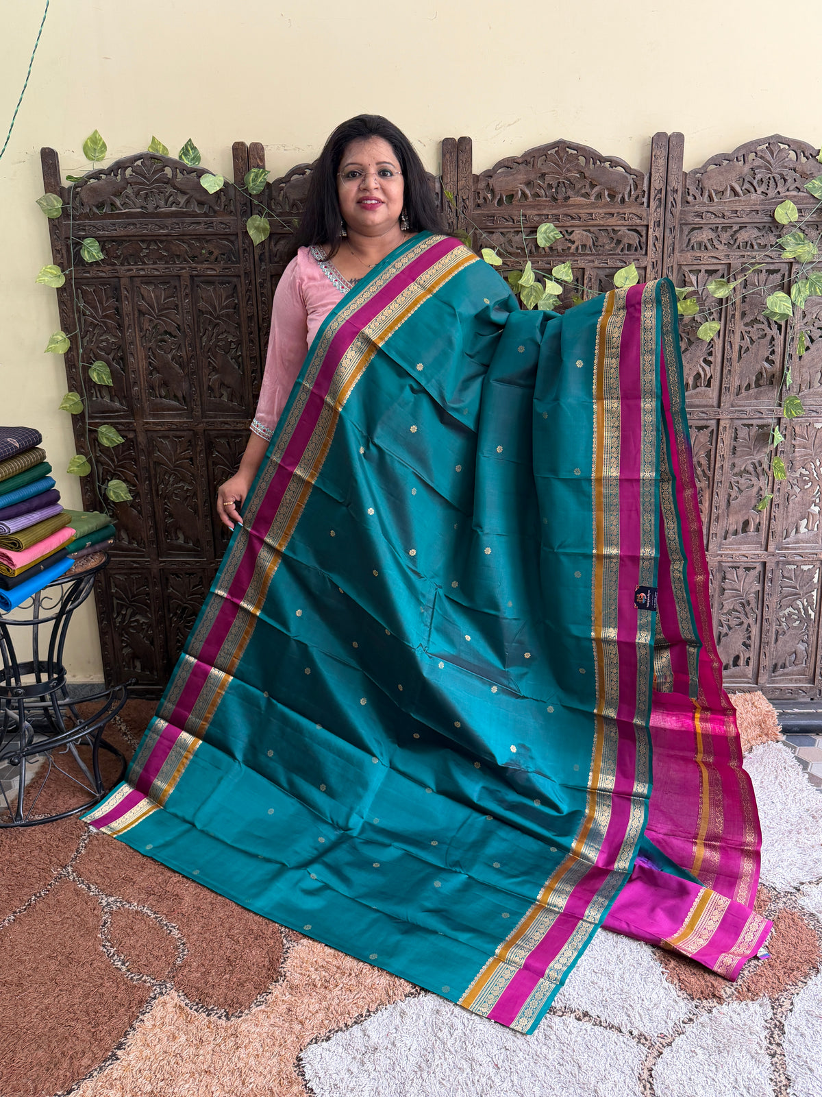Pure Kanjivaram Silk Saree | Pine Green With Gold Zari Border | Handloom | Silk Mark Certified