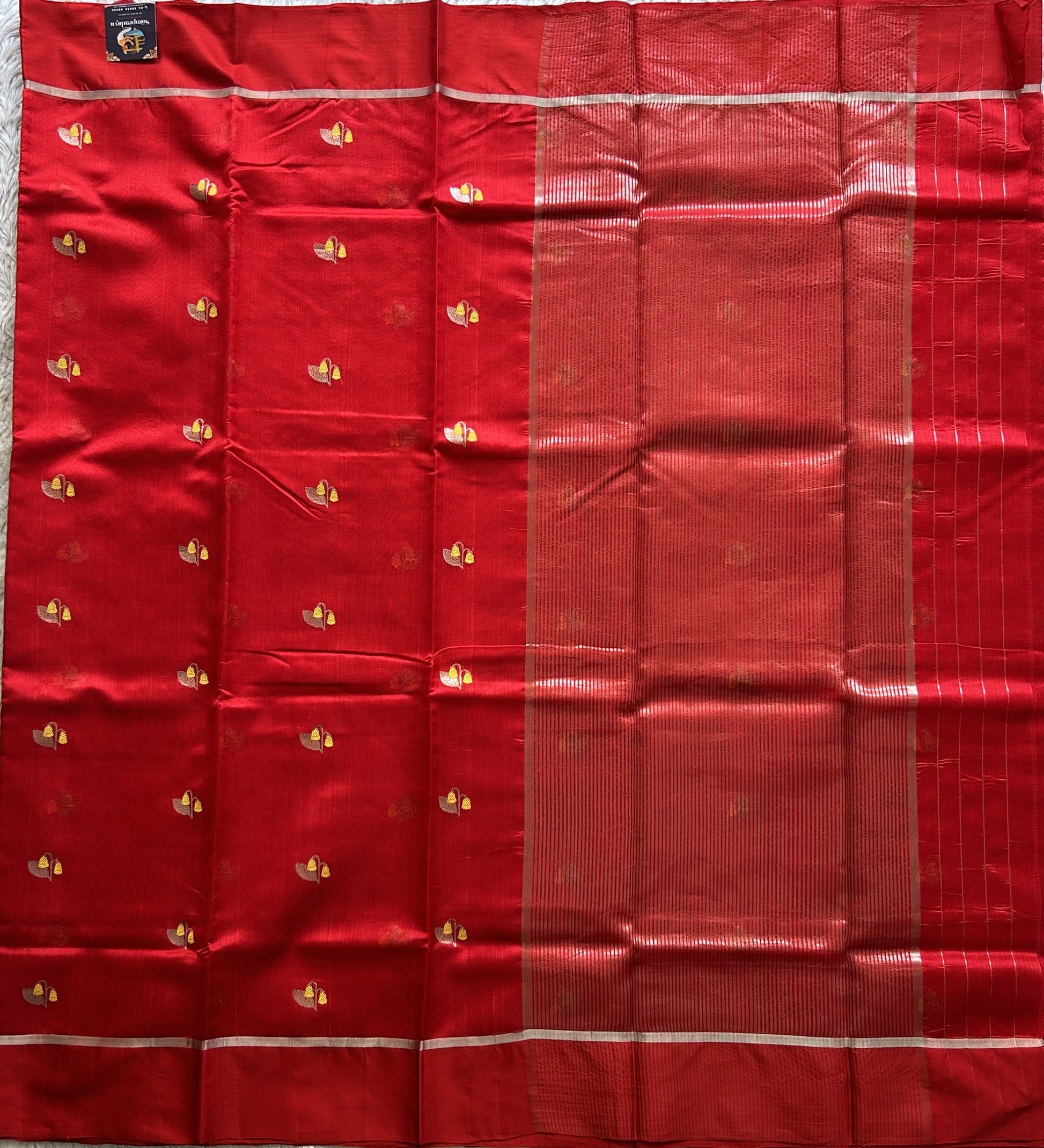Chanderi Silk Saree scarlet Red color Elegantly Paired with a Silver Zari Border - Sampradaya Designer Studio