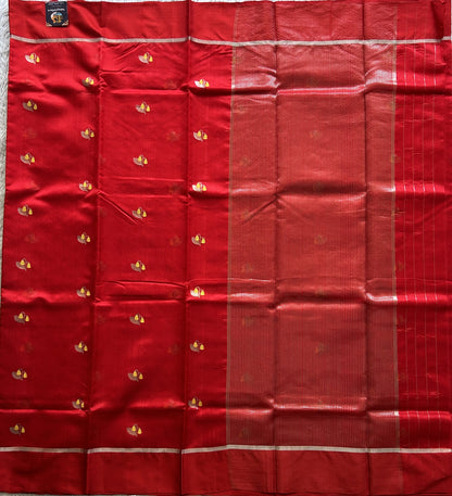 Chanderi Silk Saree scarlet Red color Elegantly Paired with a Silver Zari Border - Sampradaya Designer Studio
