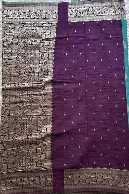 Semi Georgette Saree Aqua Blue Colored Complemented with a Purple Zari Border. - Sampradaya Designer Studio
