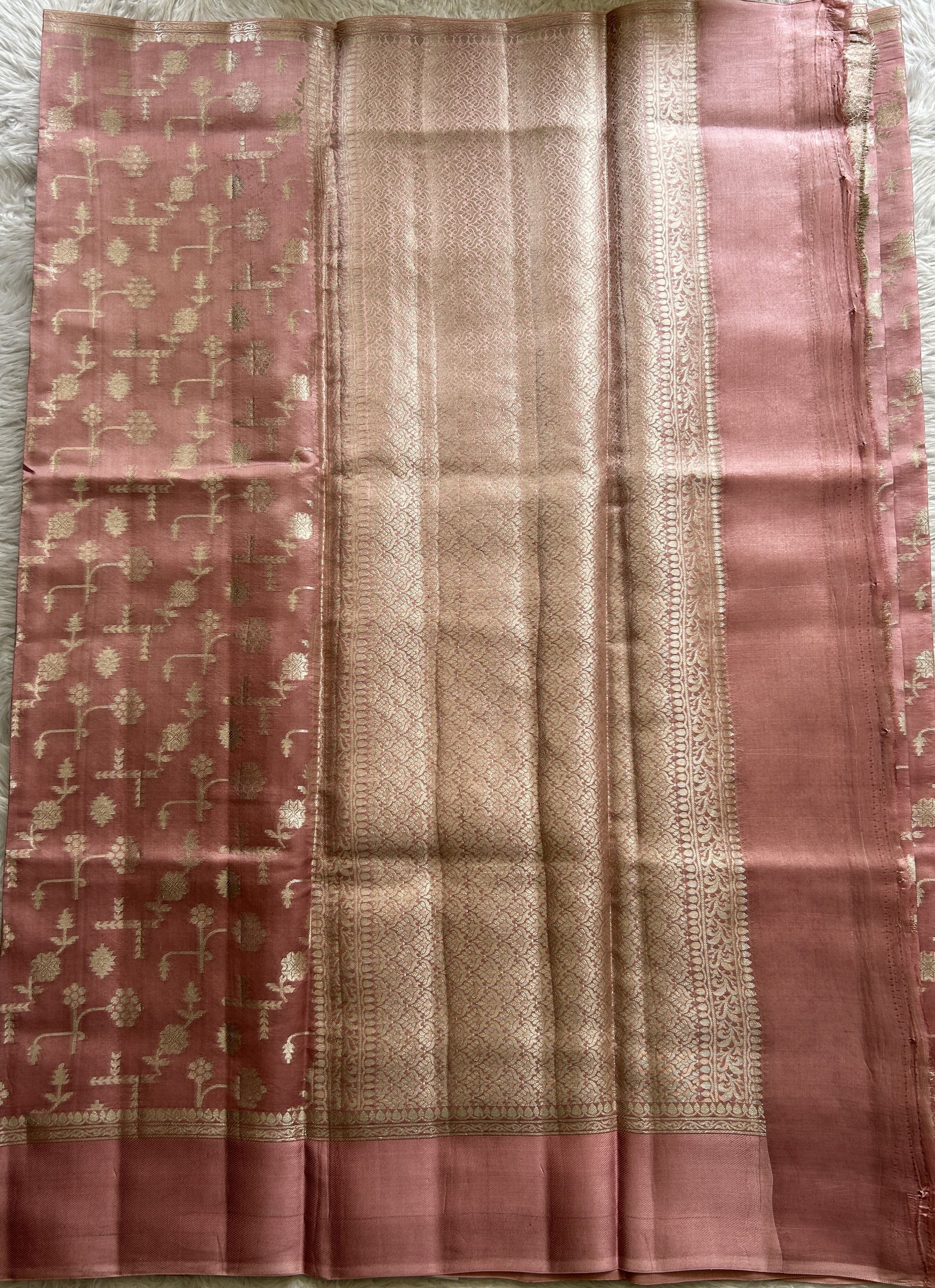 Dupion Silk Saree Pink Colored Complemented with a Mushrur Border. - Sampradaya Designer Studio