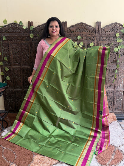 Pure Kanjivaram Silk Saree | Mehandi Green With Gold Zari Border | Handloom | Silk Mark Certified