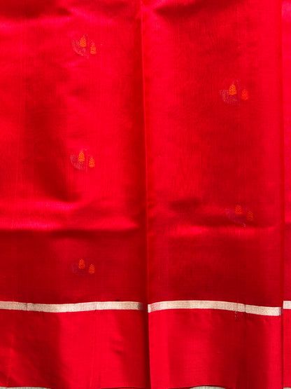 Chanderi Silk Saree scarlet Red color Elegantly Paired with a Silver Zari Border - Sampradaya Designer Studio