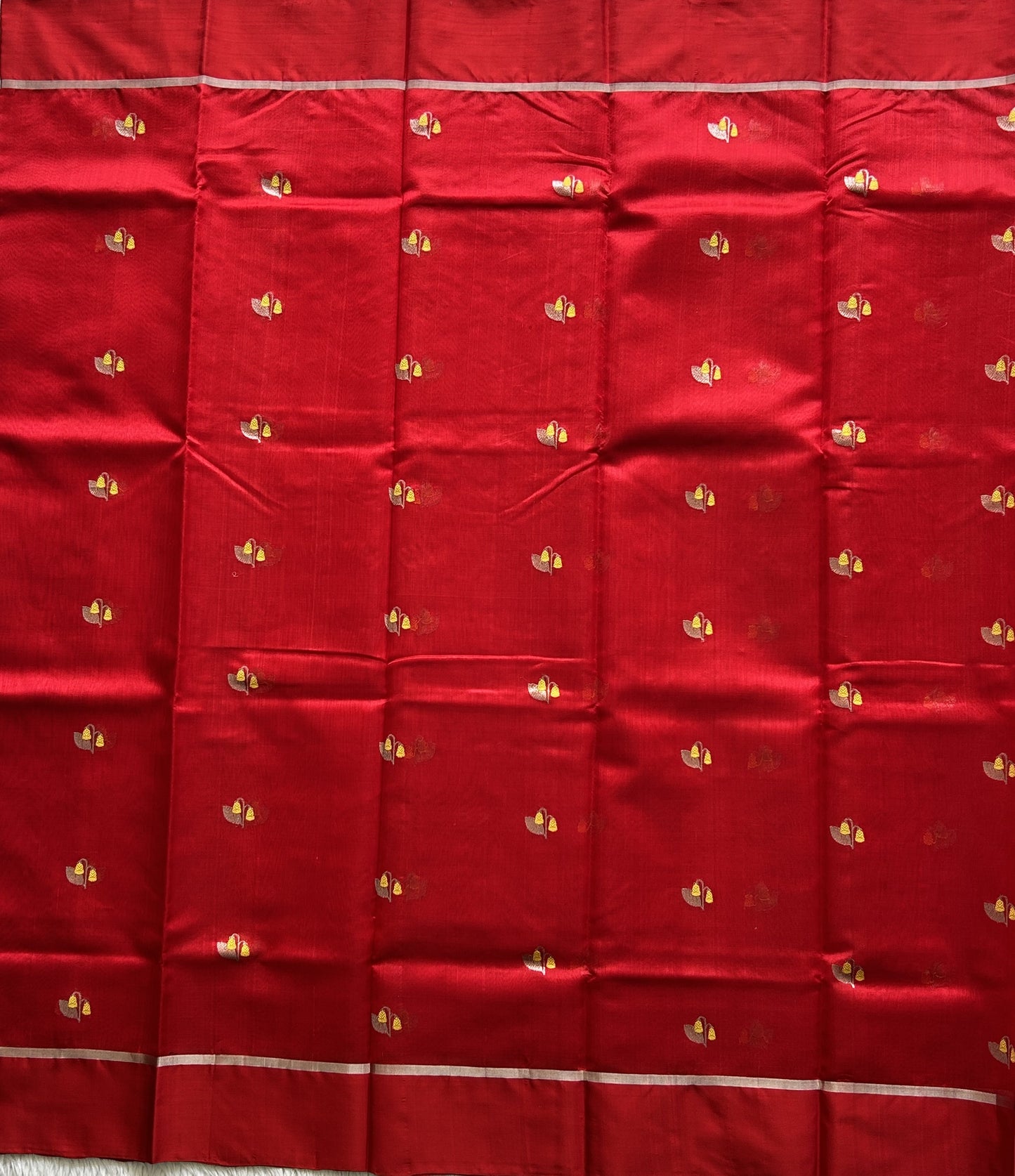 Chanderi Silk Saree scarlet Red color Elegantly Paired with a Silver Zari Border - Sampradaya Designer Studio