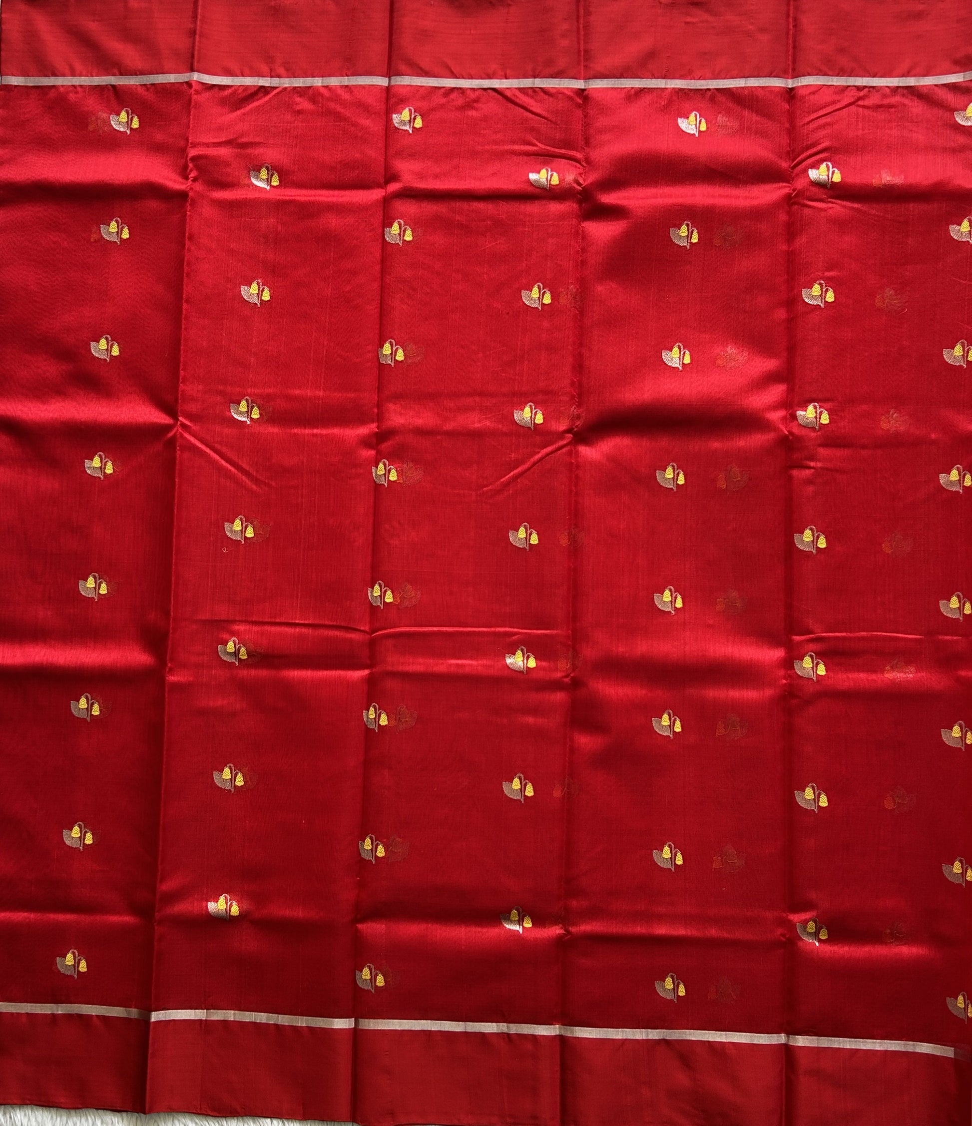 Chanderi Silk Saree scarlet Red color Elegantly Paired with a Silver Zari Border - Sampradaya Designer Studio
