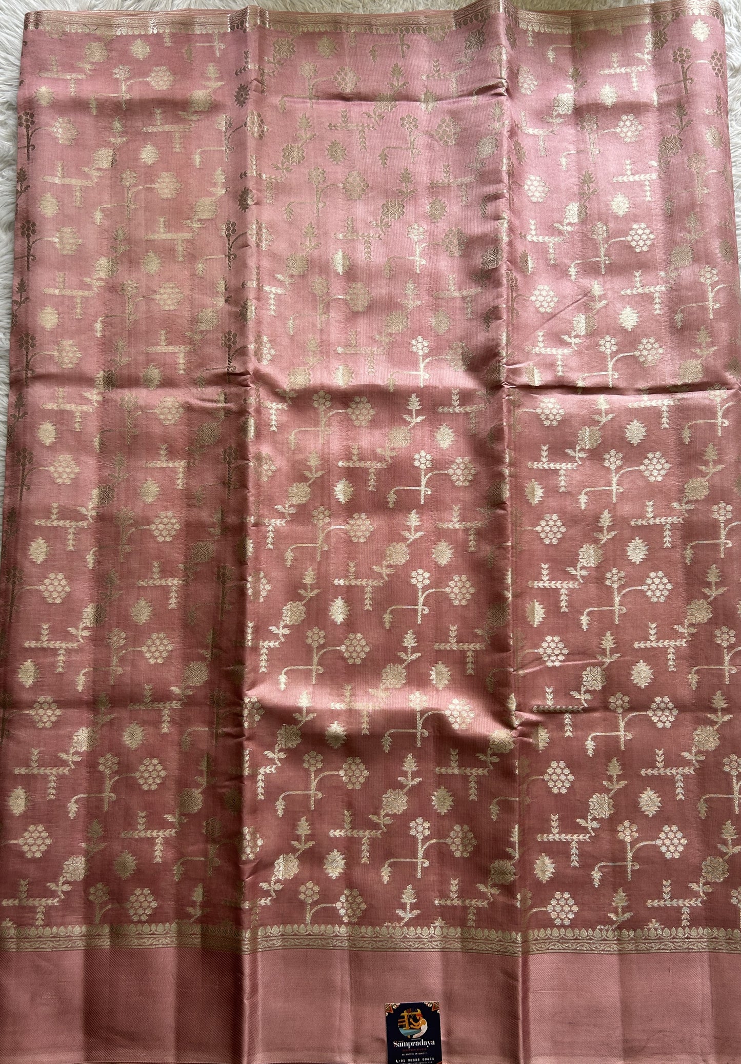 Dupion Silk Saree Pink Colored Complemented with a Mushrur Border. - Sampradaya Designer Studio