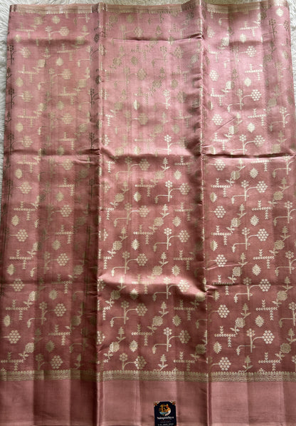 Dupion Silk Saree Pink Colored Complemented with a Mushrur Border. - Sampradaya Designer Studio