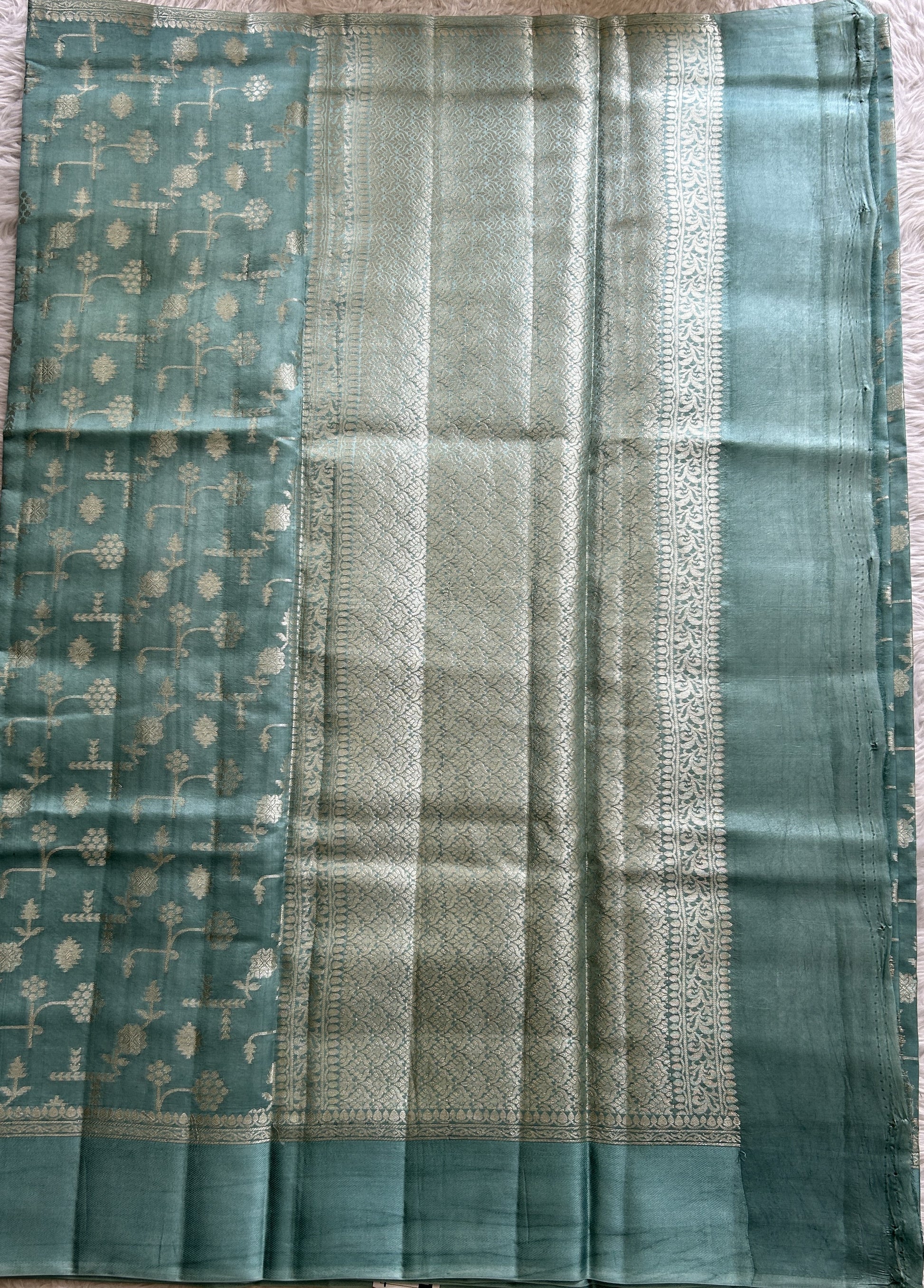 Dupion Silk Saree Sea Blue Colored Complemented with a Mushrur Border. - Sampradaya Designer Studio
