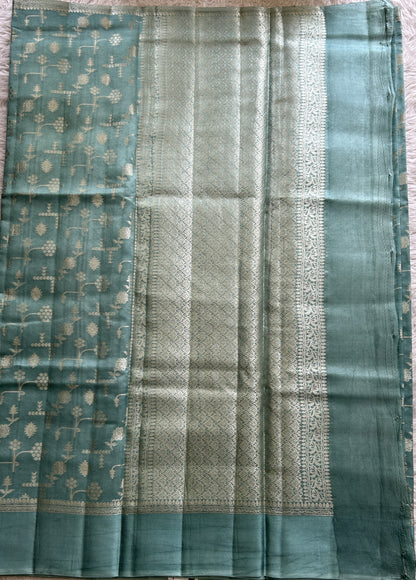 Dupion Silk Saree Sea Blue Colored Complemented with a Mushrur Border. - Sampradaya Designer Studio