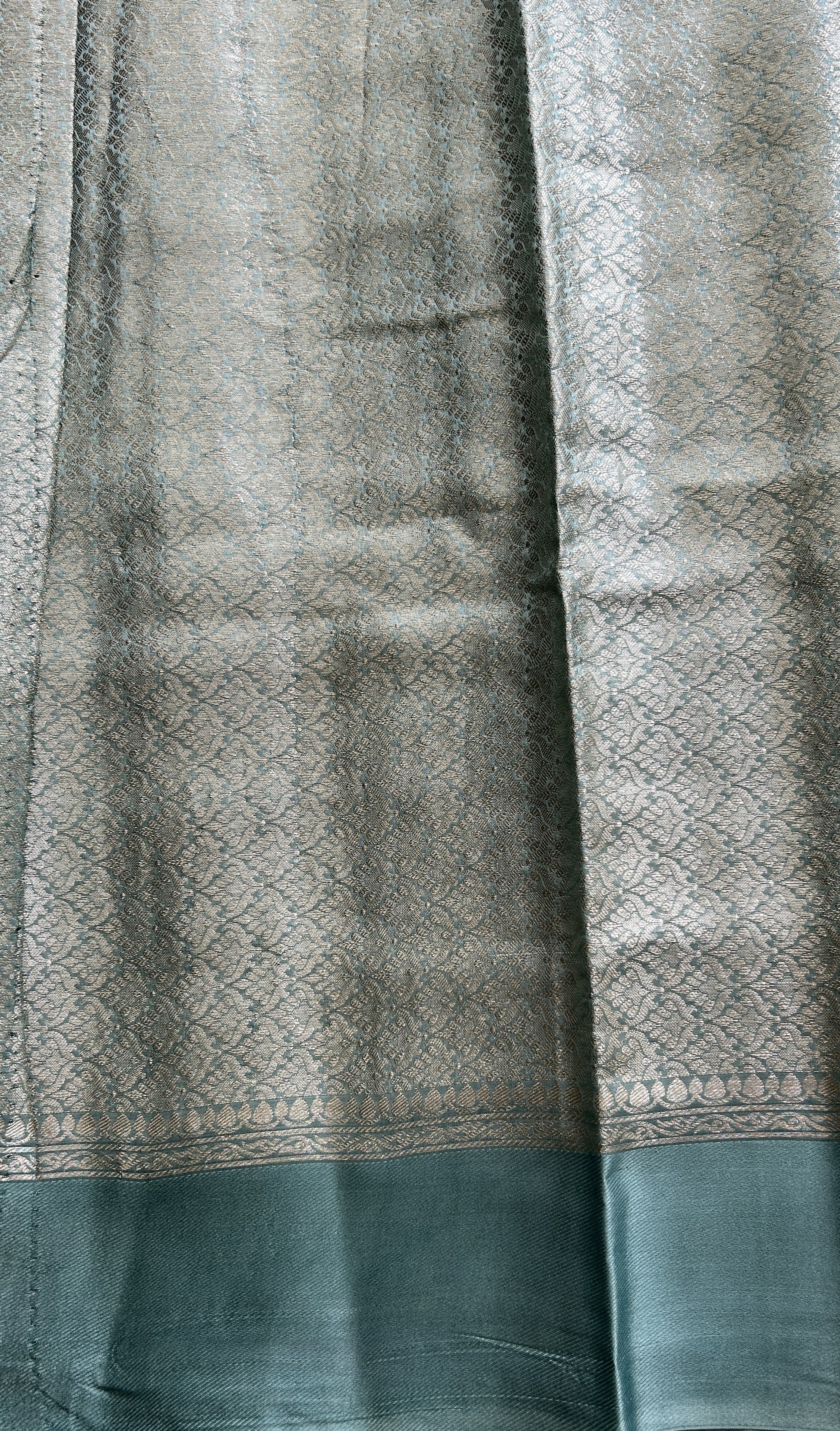 Dupion Silk Saree Sea Blue Colored Complemented with a Mushrur Border. - Sampradaya Designer Studio