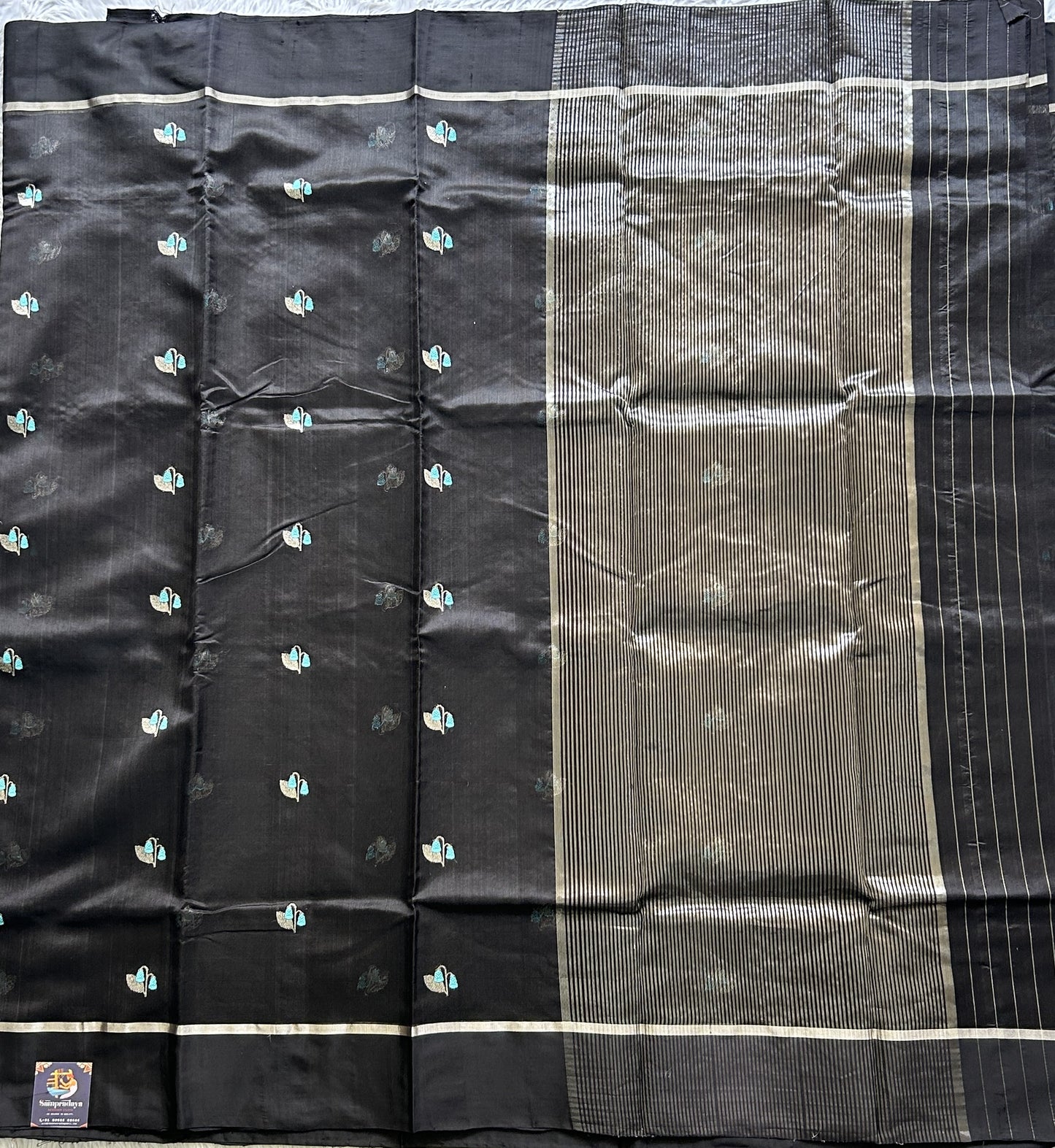 Chanderi Silk Saree Black color Elegantly Paired with a Silver Zari Border - Sampradaya Designer Studio