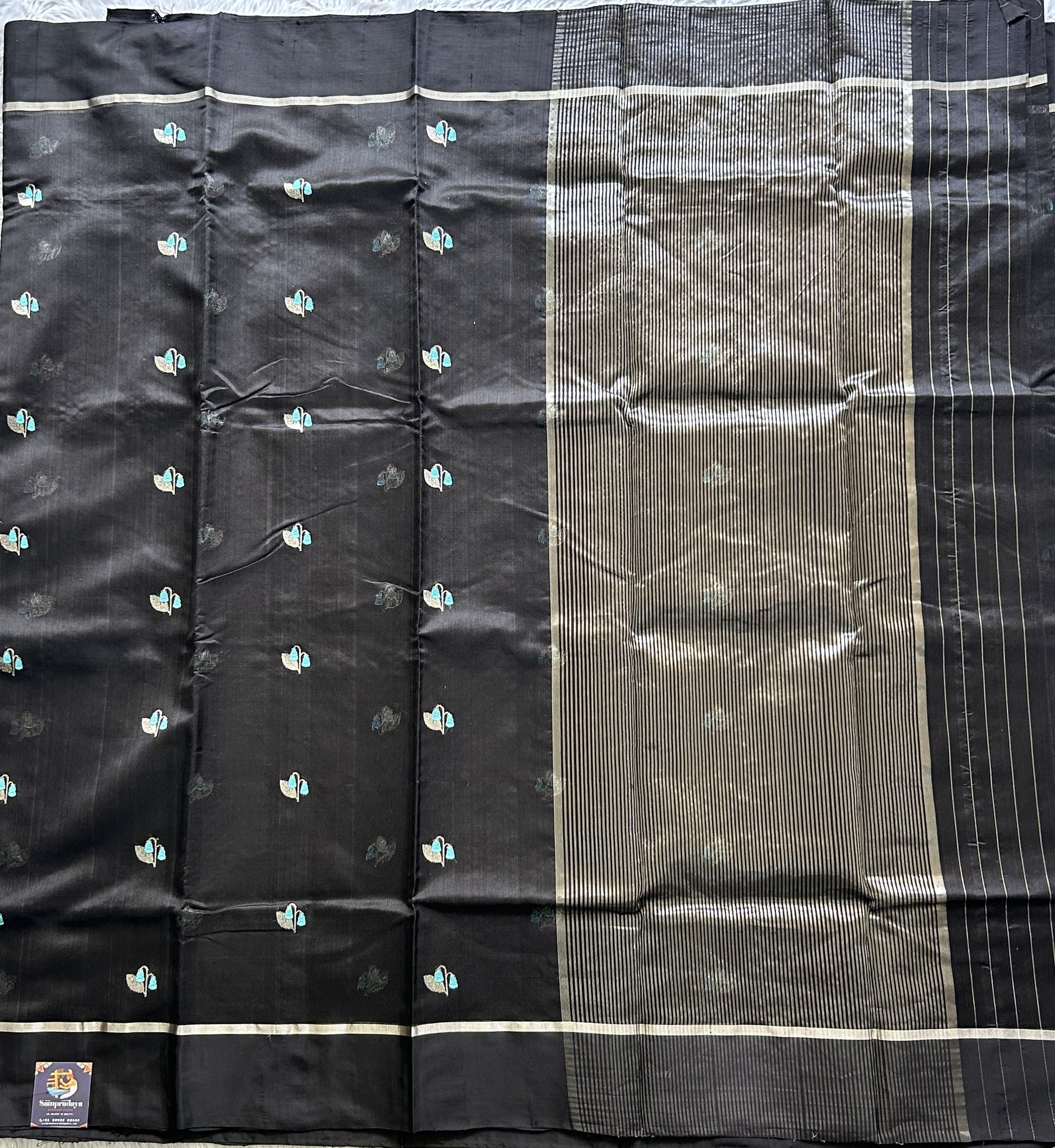 Chanderi Silk Saree Black color Elegantly Paired with a Silver Zari Border - Sampradaya Designer Studio