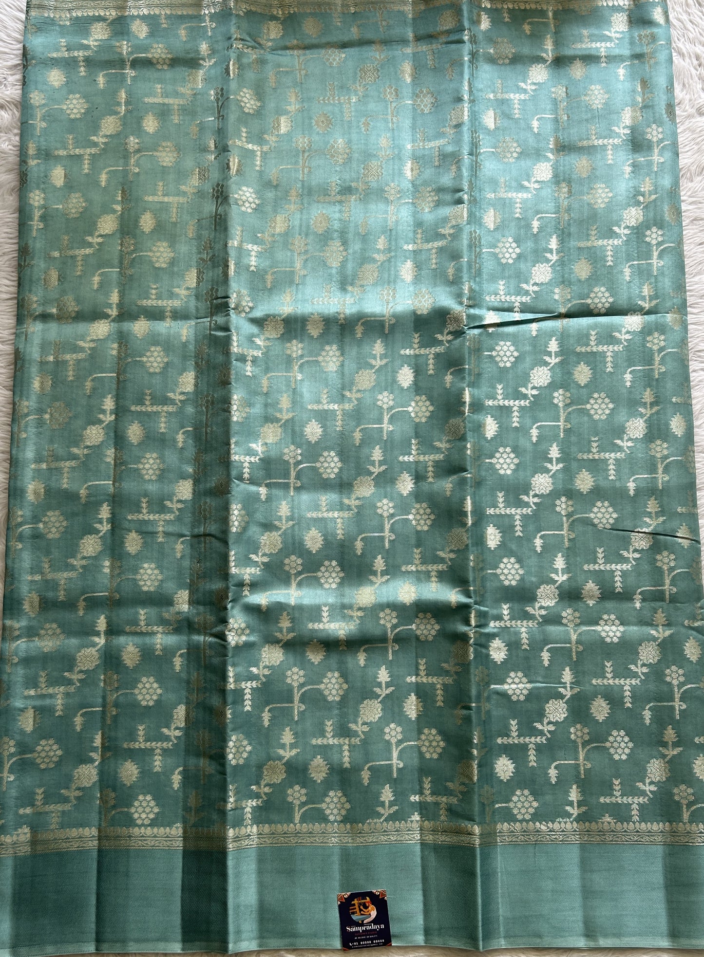 Dupion Silk Saree Sea Blue Colored Complemented with a Mushrur Border. - Sampradaya Designer Studio