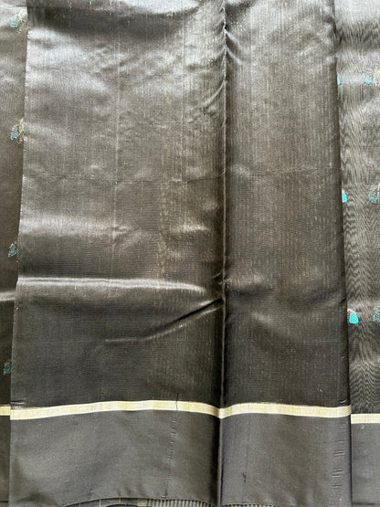Chanderi Silk Saree Black color Elegantly Paired with a Silver Zari Border - Sampradaya Designer Studio