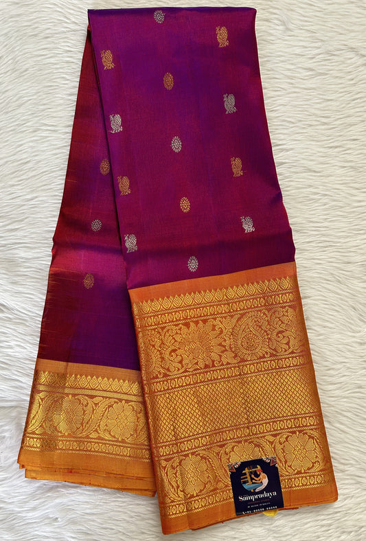 Gadwal Pattu Magenta Colored Saree Complemented With a Pattu Turmeric Yellow Color Kanchi Border - Sampradaya Designer Studio