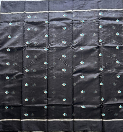 Chanderi Silk Saree Black color Elegantly Paired with a Silver Zari Border - Sampradaya Designer Studio