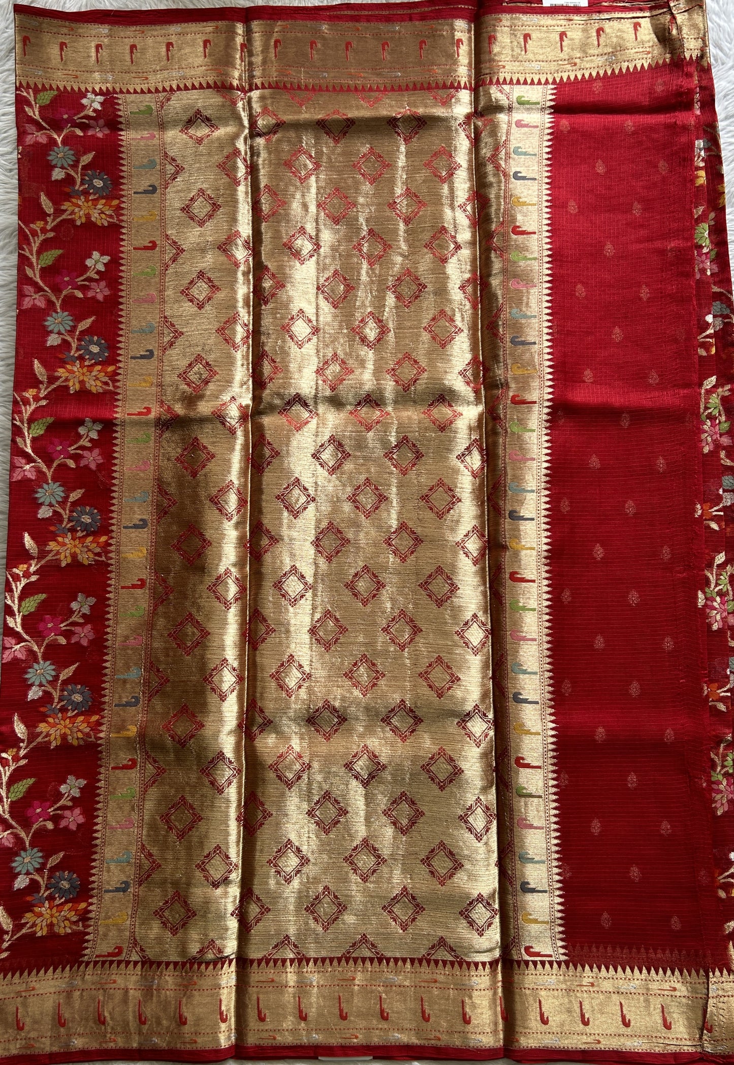 Silk kota Saree Red color complemented with a Zari Border. - Sampradaya Designer Studio
