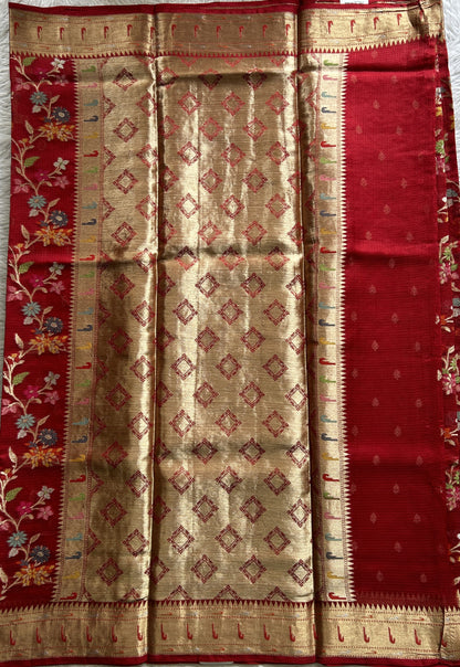 Silk kota Saree Red color complemented with a Zari Border. - Sampradaya Designer Studio