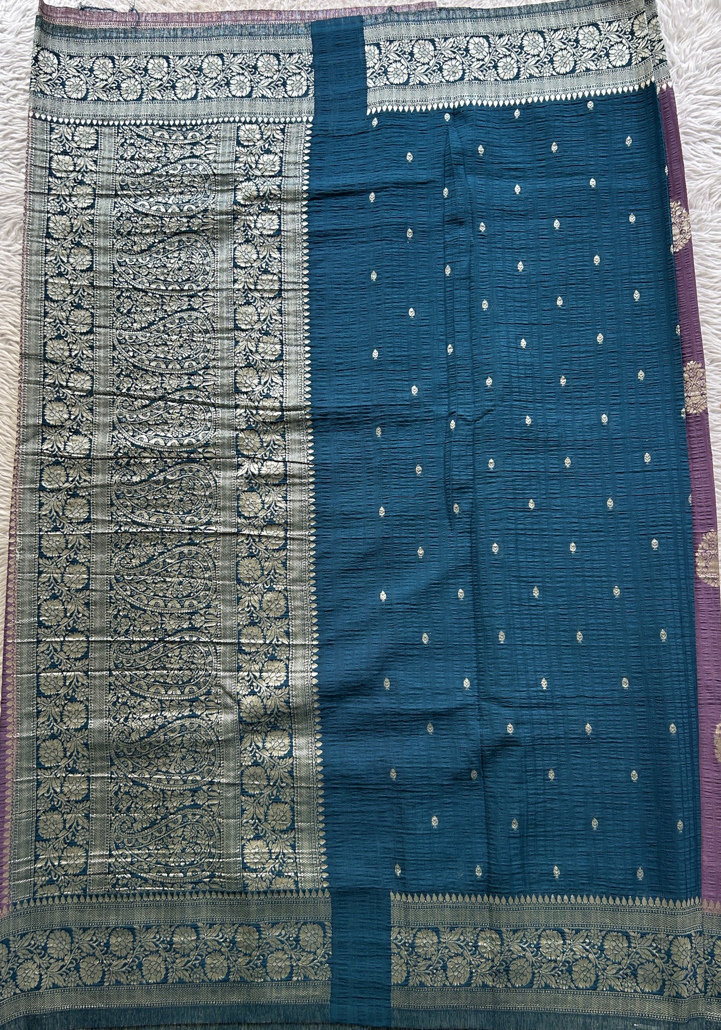 Semi Georgette Saree Lavender Colored Complemented with a Peacock Blue Zari Border. - Sampradaya Designer Studio
