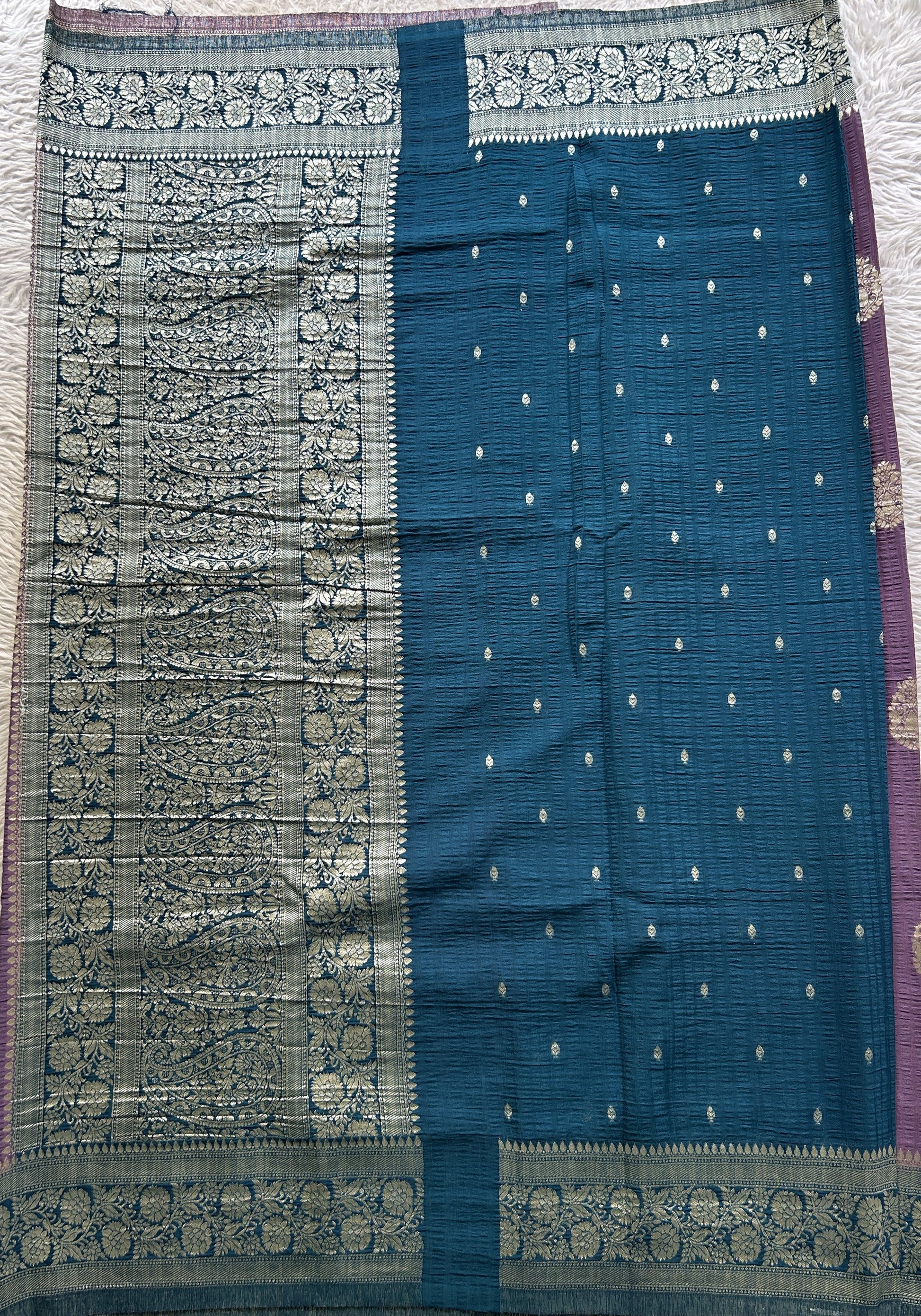 Semi Georgette Saree Lavender Colored Complemented with a Peacock Blue Zari Border. - Sampradaya Designer Studio