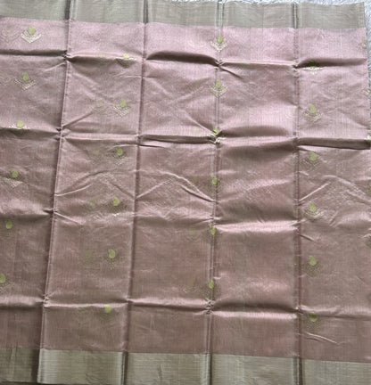 Chanderi Tissue Saree scarlet Baby Pink color Elegantly Paired with a Silver Zari Border - Sampradaya Designer Studio