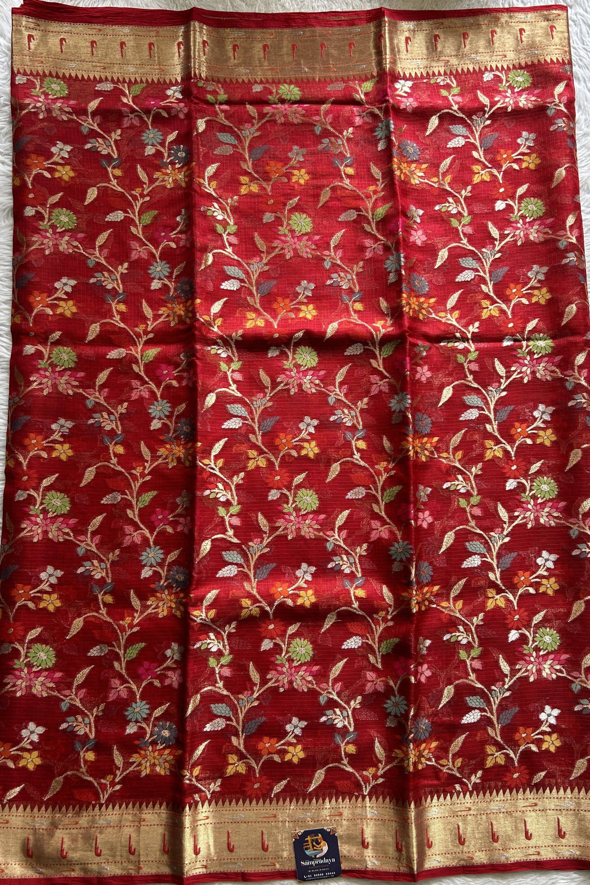 Silk kota Saree Red color complemented with a Zari Border. - Sampradaya Designer Studio