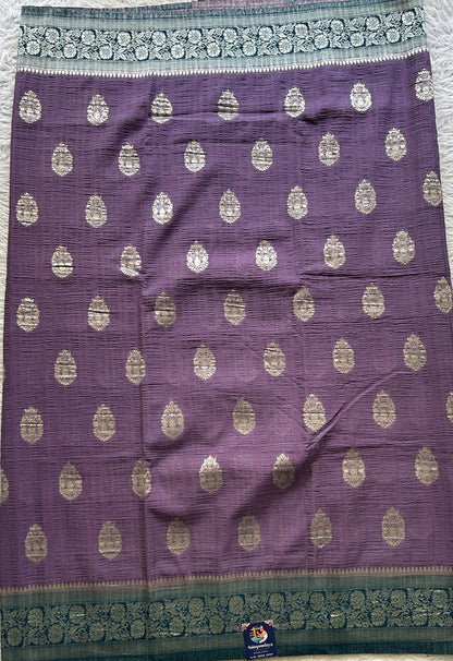 Semi Georgette Saree Lavender Colored Complemented with a Peacock Blue Zari Border. - Sampradaya Designer Studio