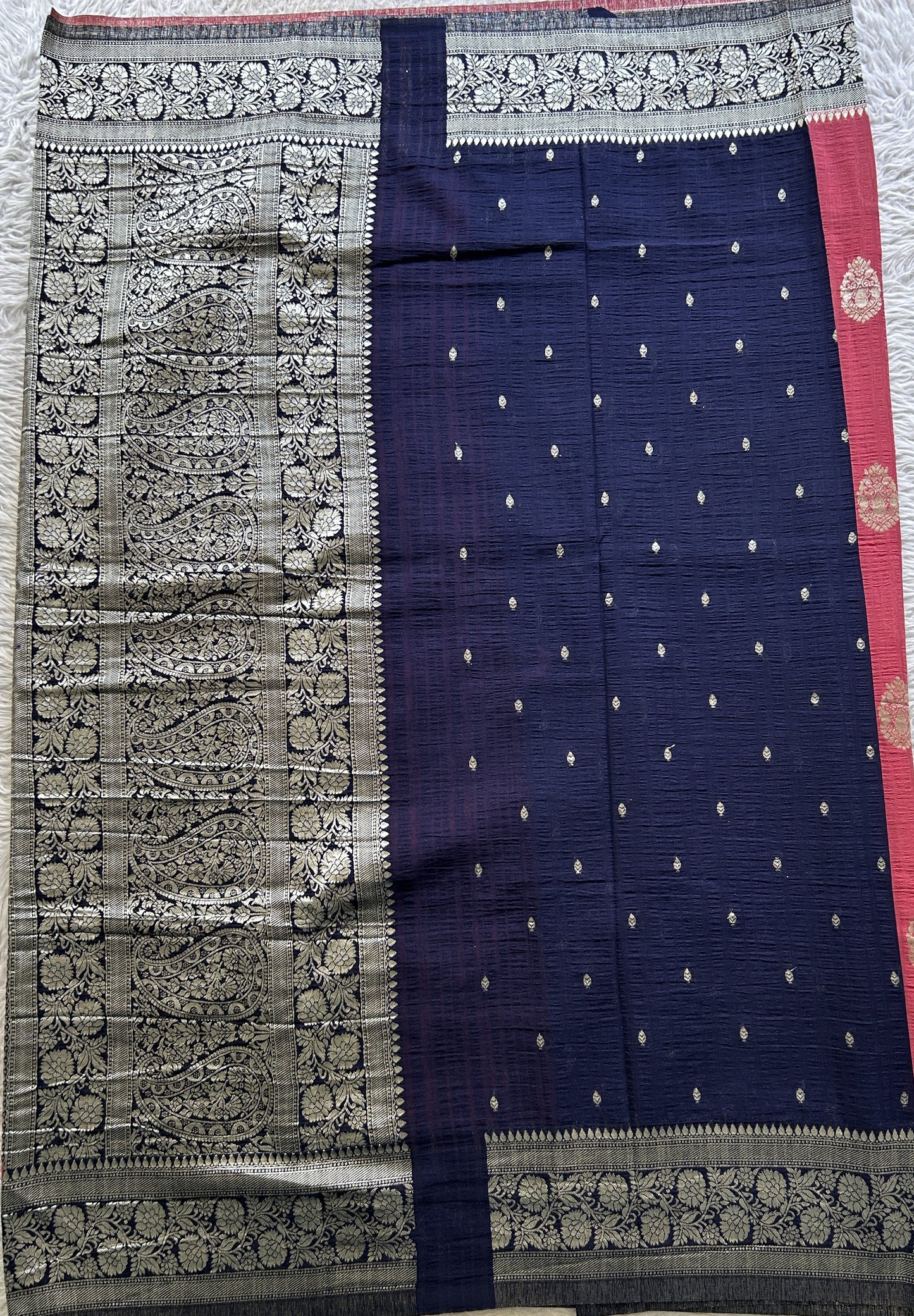 Semi Georgette Saree Punch Colored Complemented with a Zari Border. - Sampradaya Designer Studio