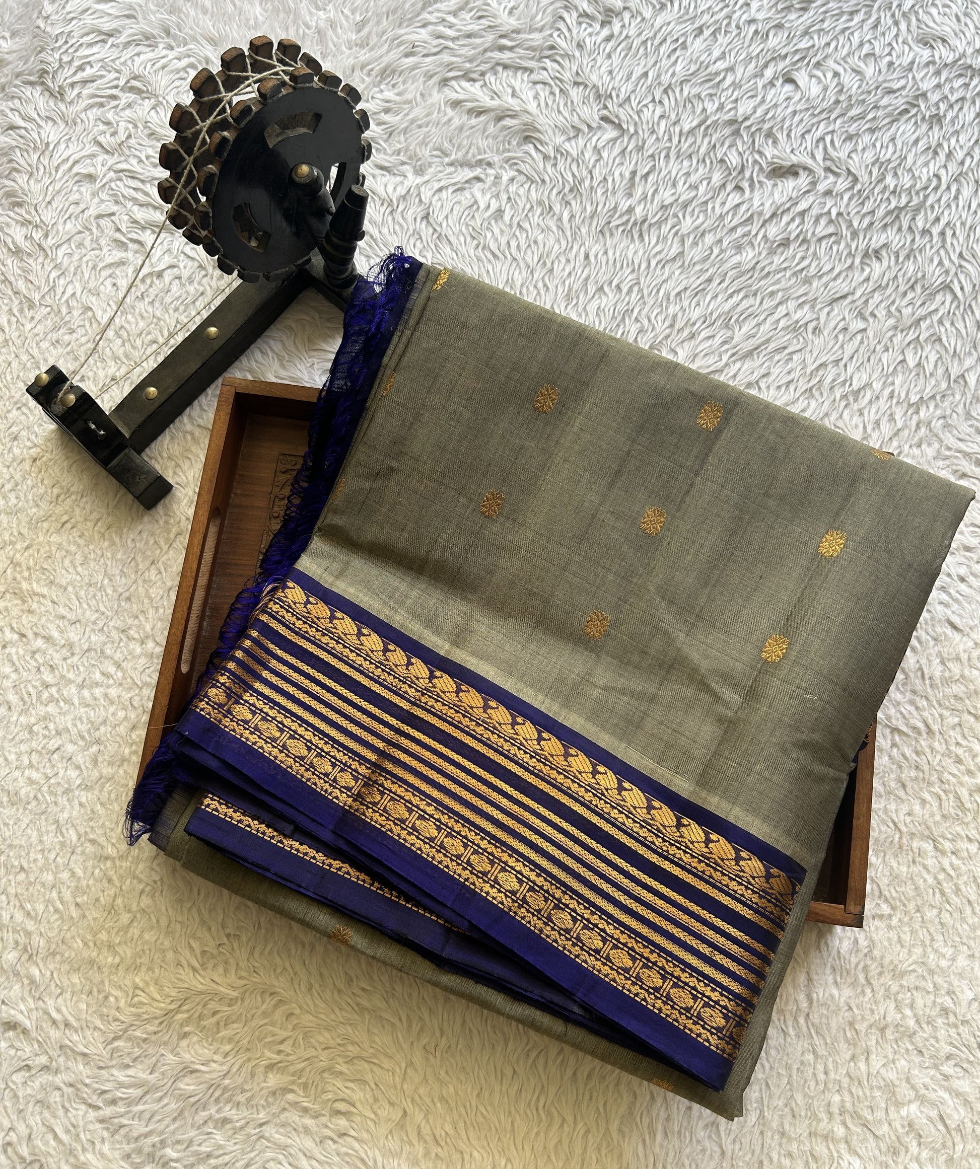 Gadwal Sico Saree Steel Gray colored complemented with a Gold Zari Border - Sampradaya Designer Studio