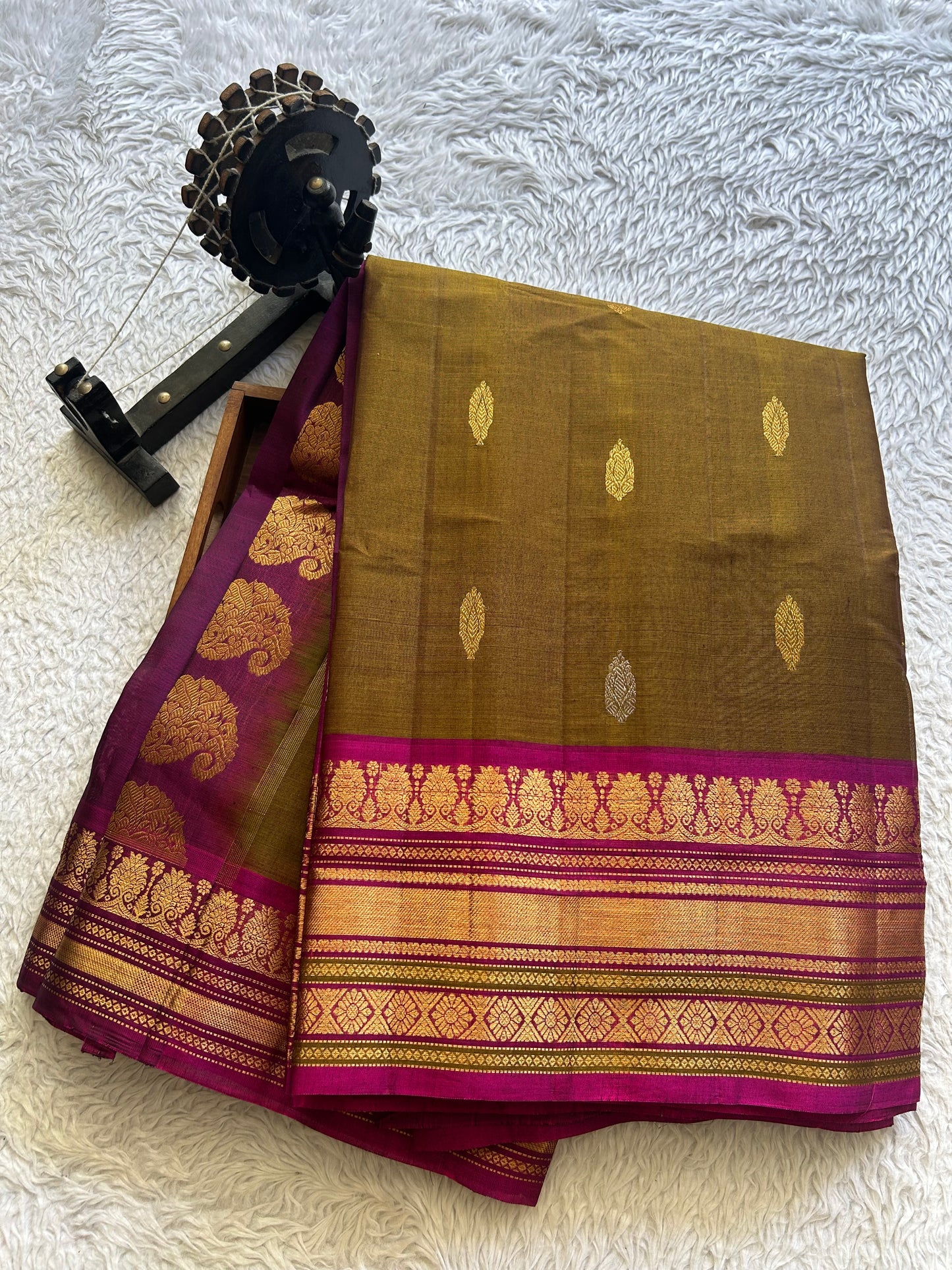 Gadwal Sico Saree Peanut colored complemented with a Gold Zari Border - Sampradaya Designer Studio