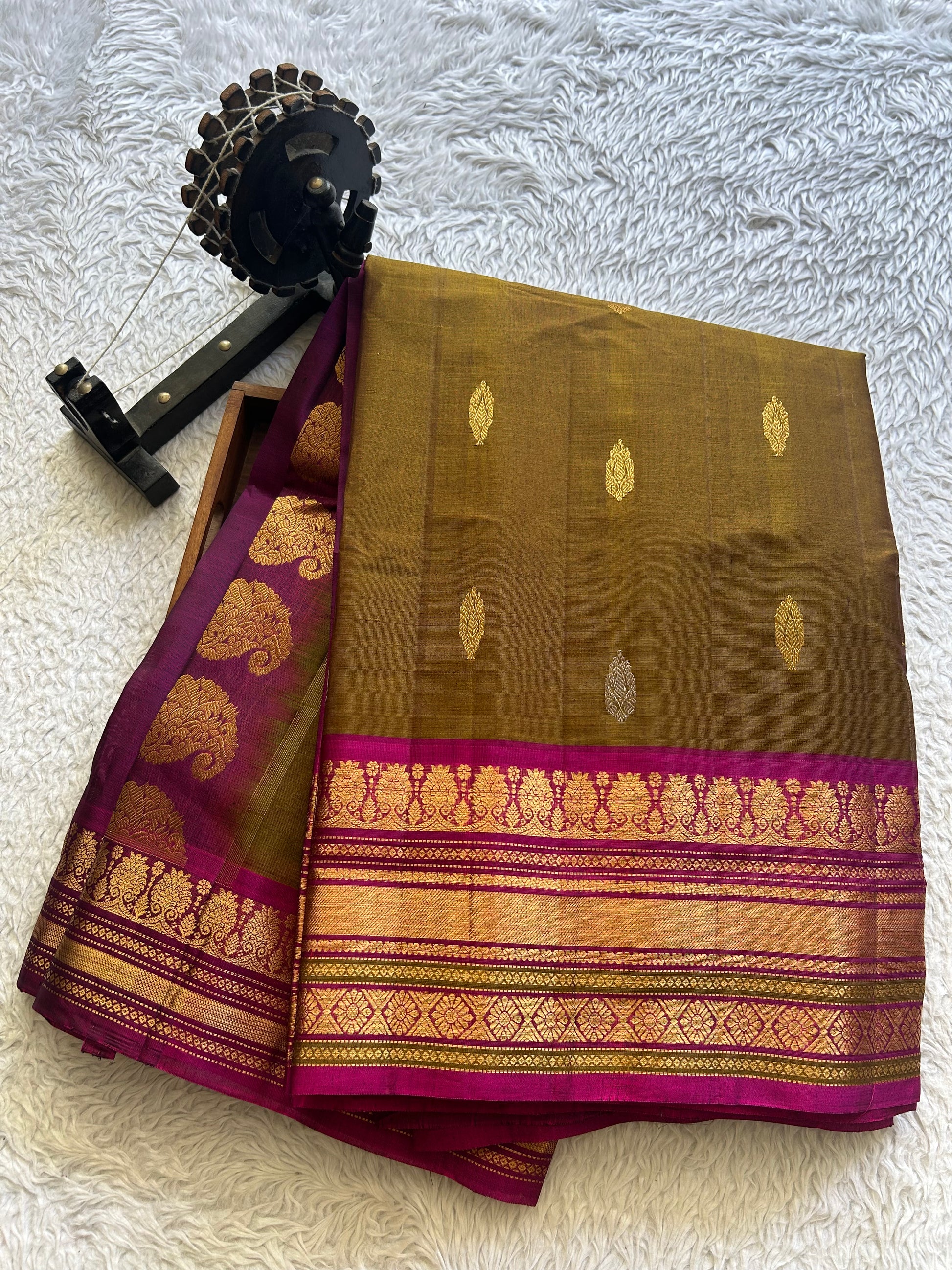 Gadwal Sico Saree Peanut colored complemented with a Gold Zari Border - Sampradaya Designer Studio