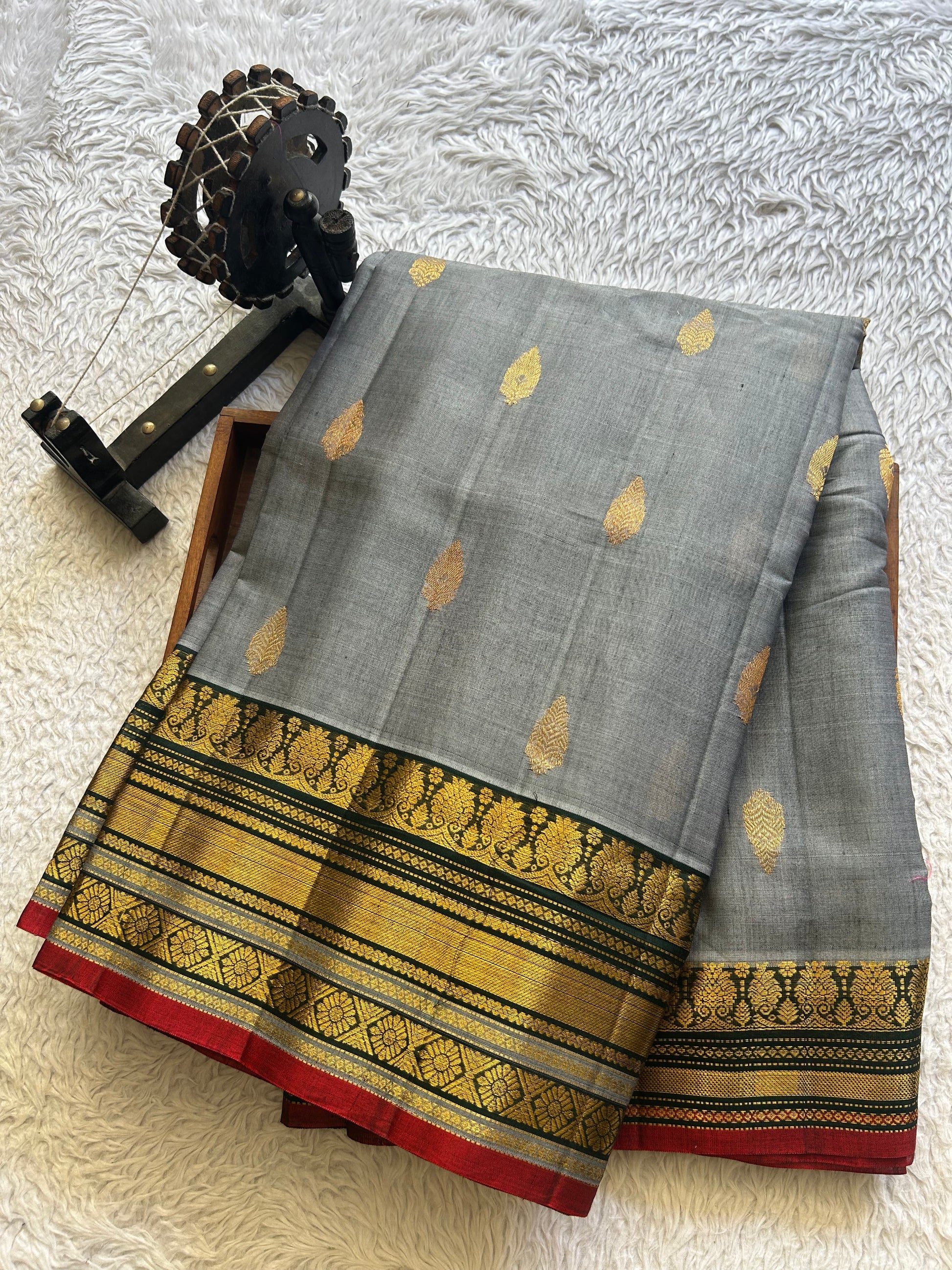 Gadwal Sico Saree Gray colored complemented with a Gold Zari Border - Sampradaya Designer Studio