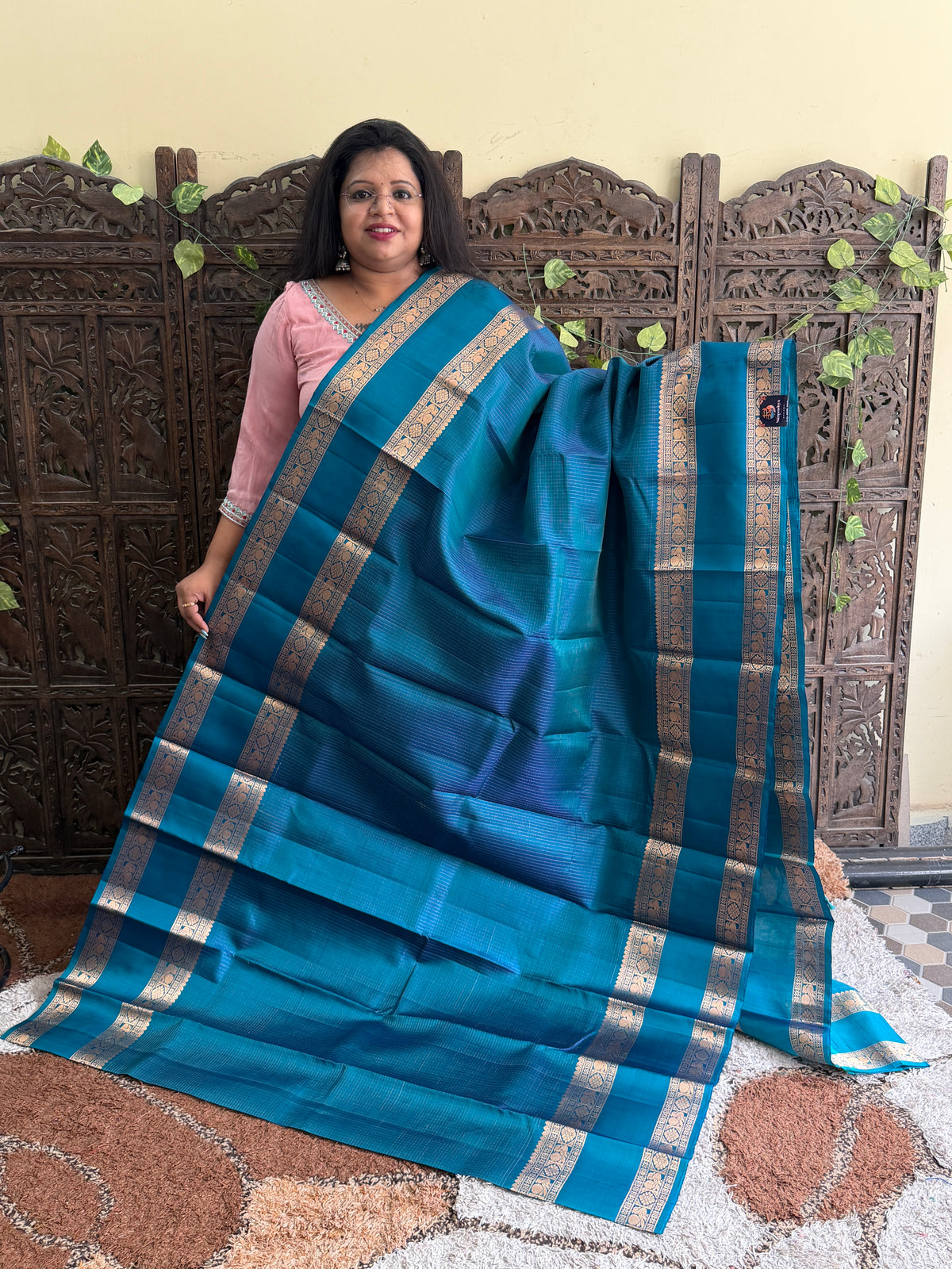 Pure Kanjivaram Silk Saree | Peacock Blue With Gold Zari Border | Handloom | Silk Mark Certified