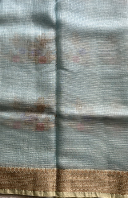 Silk kota Saree Sea Blue color complemented with a Zari Border. - Sampradaya Designer Studio