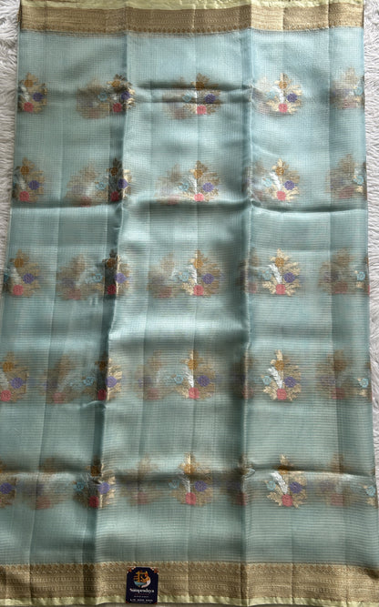 Silk kota Saree Sea Blue color complemented with a Zari Border. - Sampradaya Designer Studio