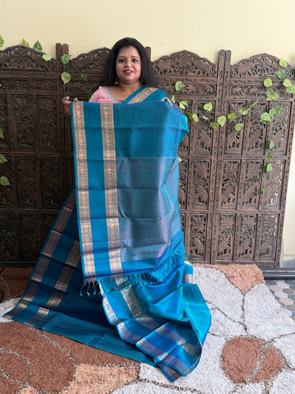 Pure Kanjivaram Silk Saree | Peacock Blue With Gold Zari Border | Handloom | Silk Mark Certified