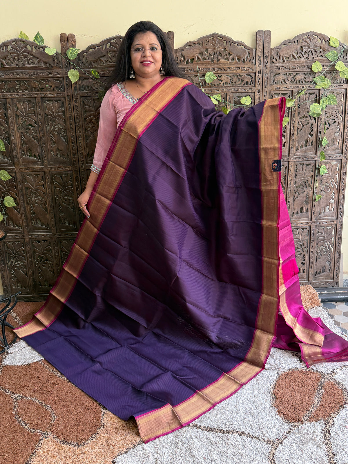 Pure Kanjivaram Silk Saree | Purple  With Gold Zari Border | Handloom | Silk Mark Certified