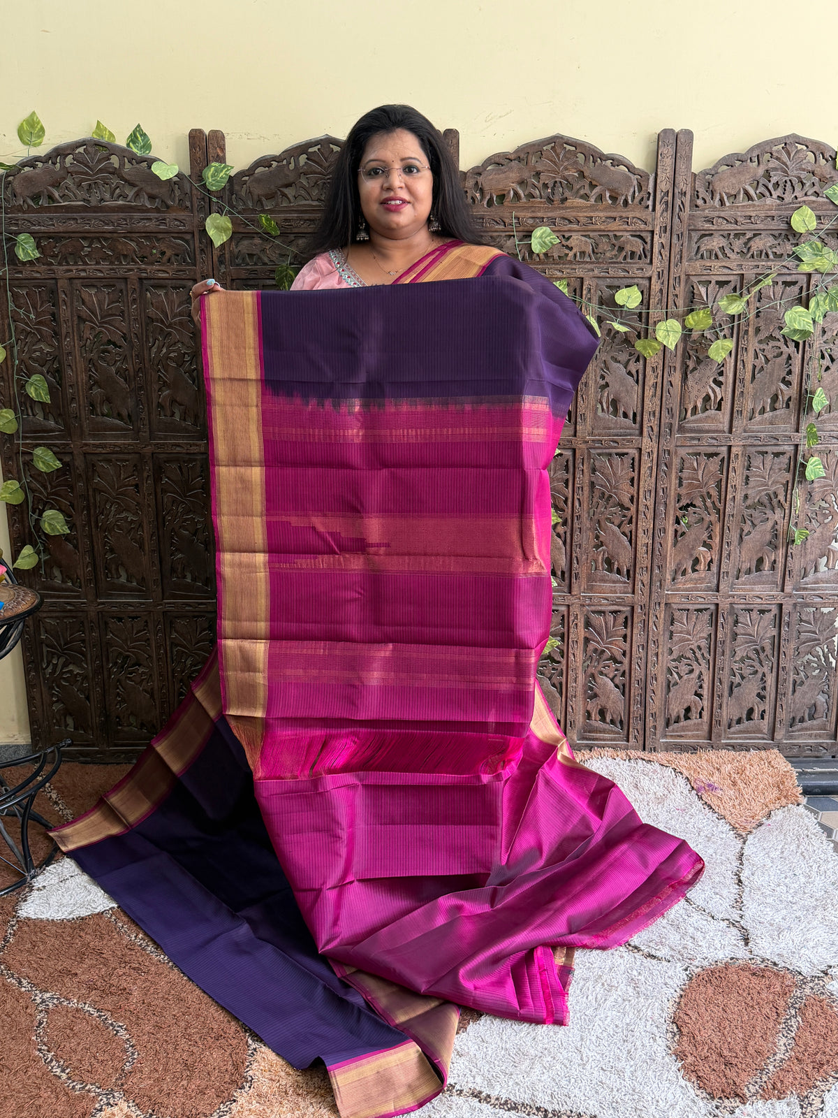 Pure Kanjivaram Silk Saree | Purple  With Gold Zari Border | Handloom | Silk Mark Certified