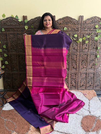 Pure Kanjivaram Silk Saree | Purple  With Gold Zari Border | Handloom | Silk Mark Certified