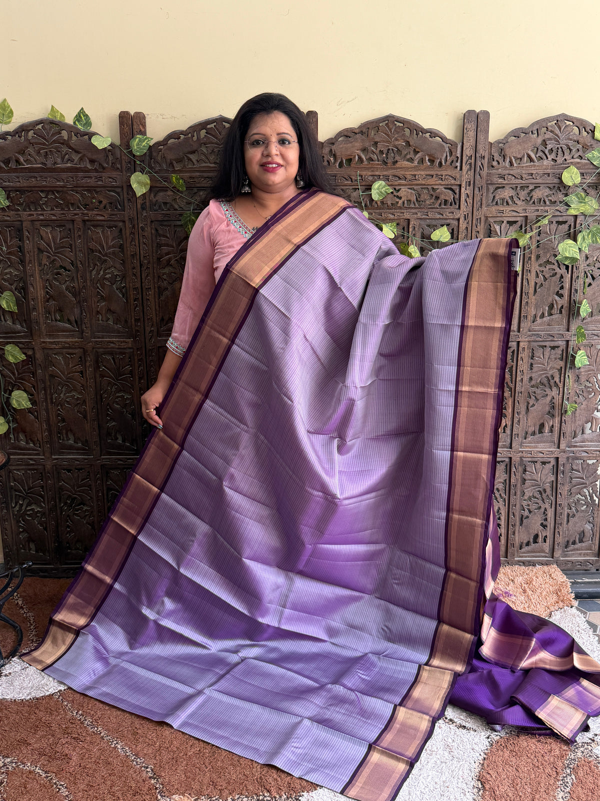 Pure Kanjivaram Silk Saree | Lavender  With Gold Zari Border | Handloom | Silk Mark Certified