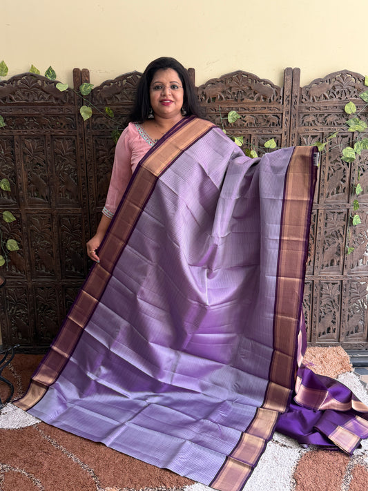 Pure Kanjivaram Silk Saree | Lavender  With Gold Zari Border | Handloom | Silk Mark Certified