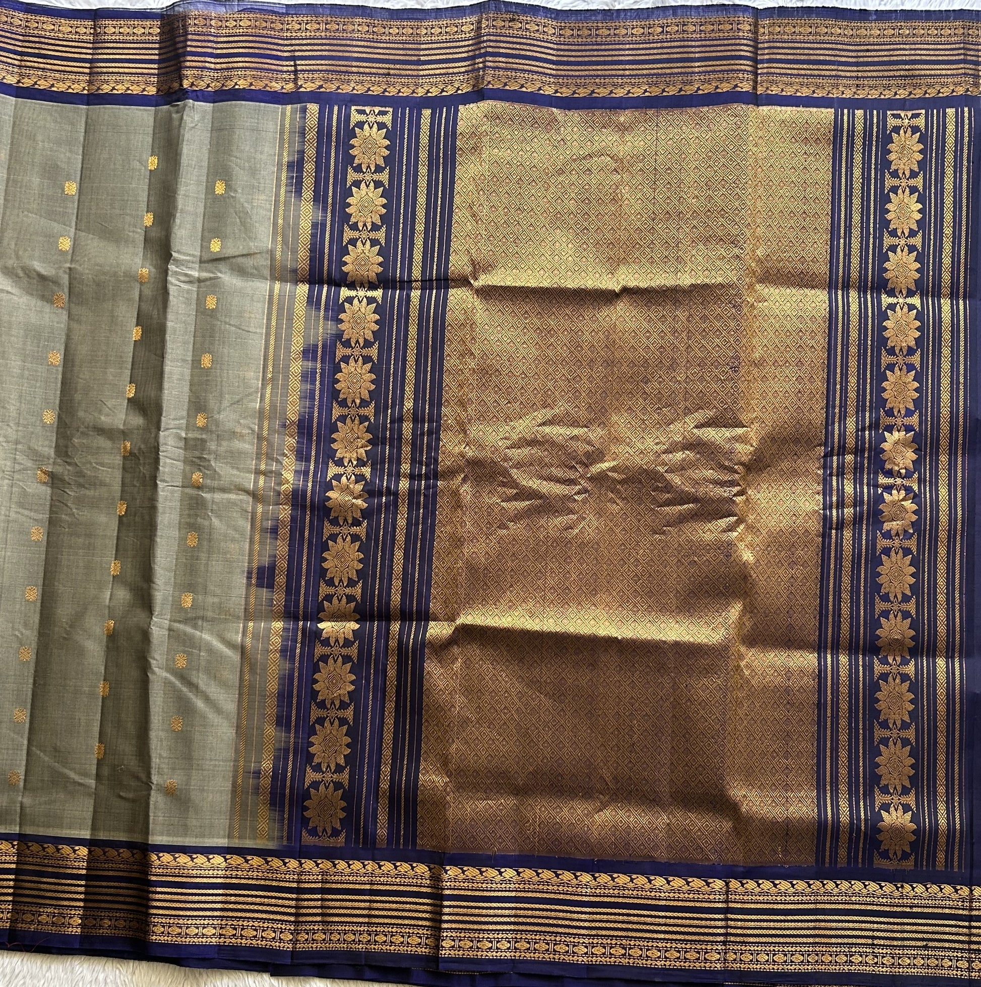 Gadwal Sico Saree Steel Gray colored complemented with a Gold Zari Border - Sampradaya Designer Studio