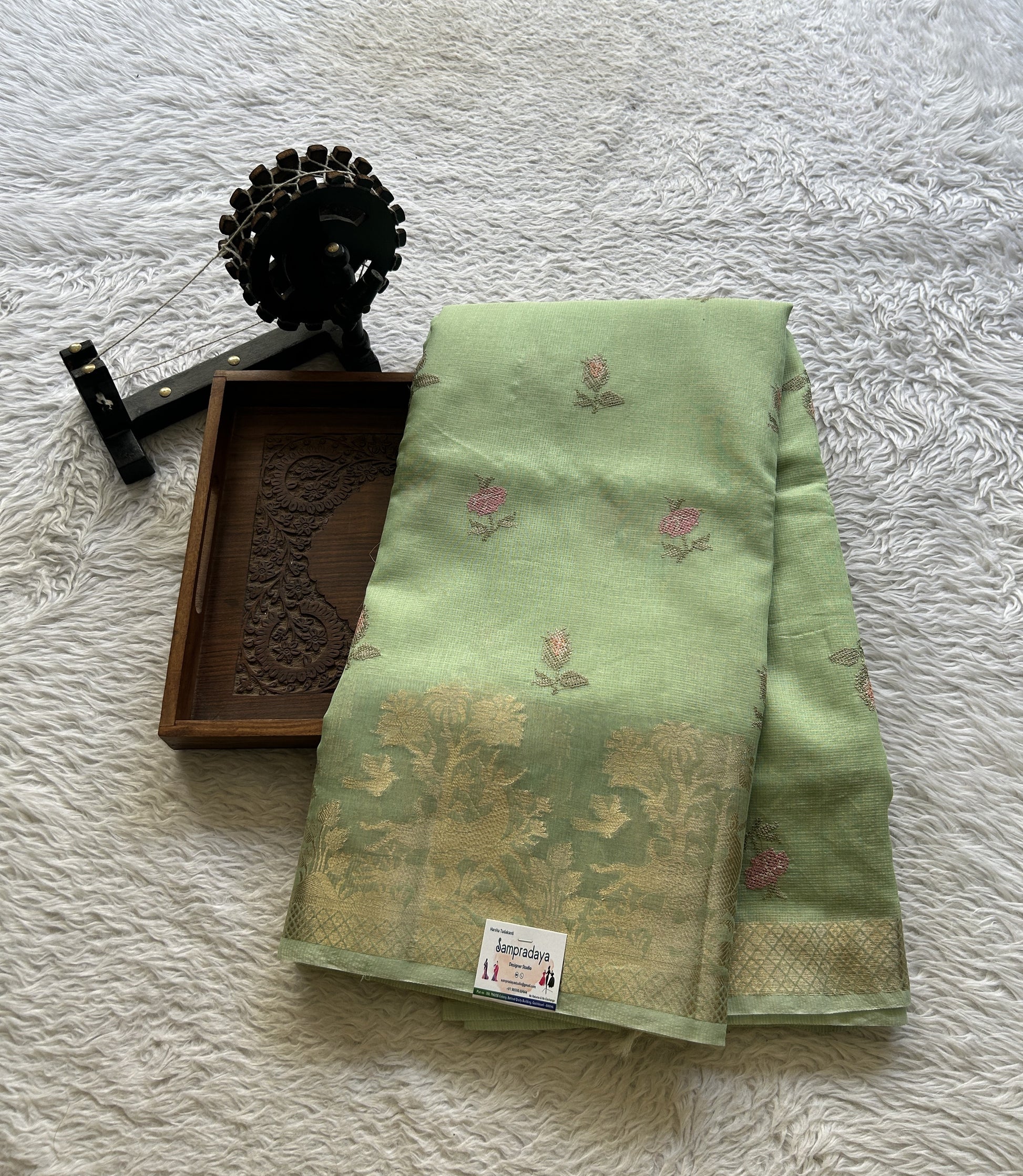 Silk kota Saree Pista Green colored Elegantly Paired with a Zari Border. - Sampradaya Designer Studio