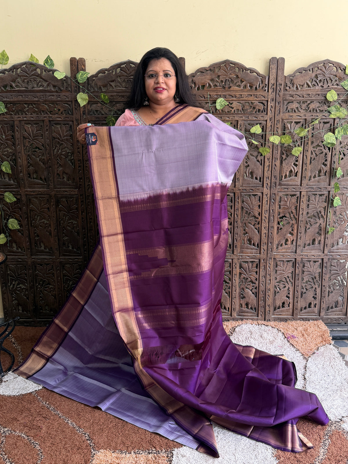 Pure Kanjivaram Silk Saree | Lavender  With Gold Zari Border | Handloom | Silk Mark Certified