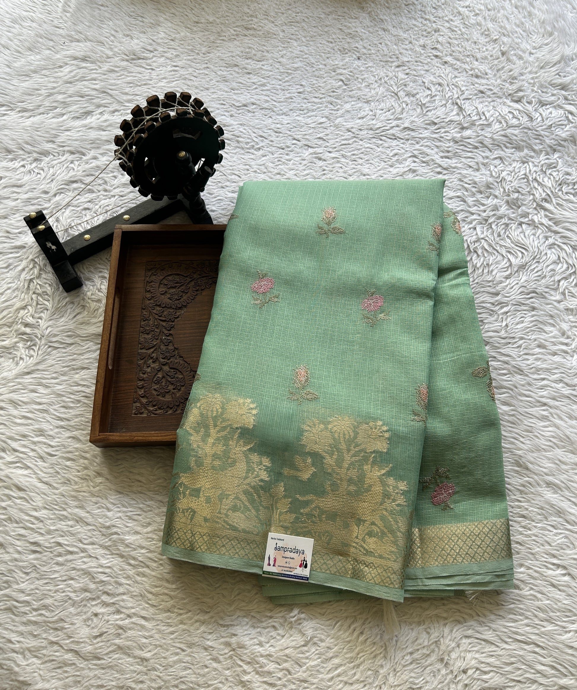 Silk kota Saree Light Sea Green colored Elegantly Paired with a Zari Border. - Sampradaya Designer Studio